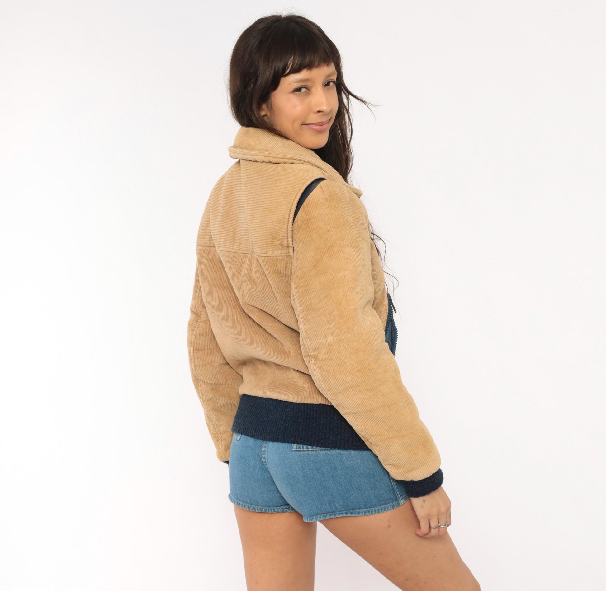 70s Sports B Corduroy Bomber Jacket Tan Quilted Padded Small S