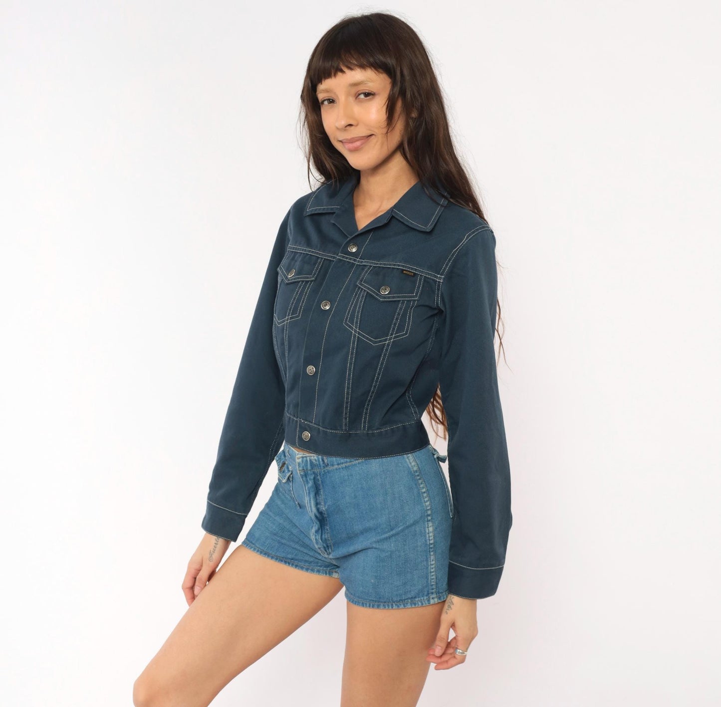 70s Montgomery Ward Cropped Trucker Jacket Navy Snap Front Pointed Collar XXS