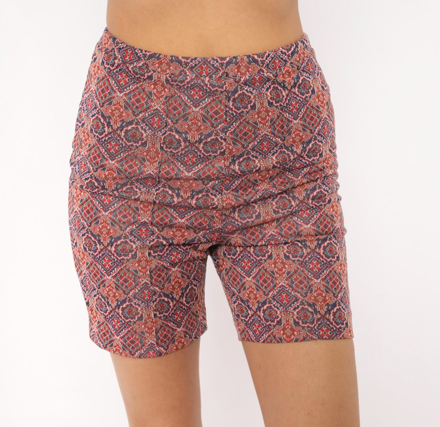 70s Geometric Diamond Medallion Tapestry Biker Shorts Red Navy High-Rise XS