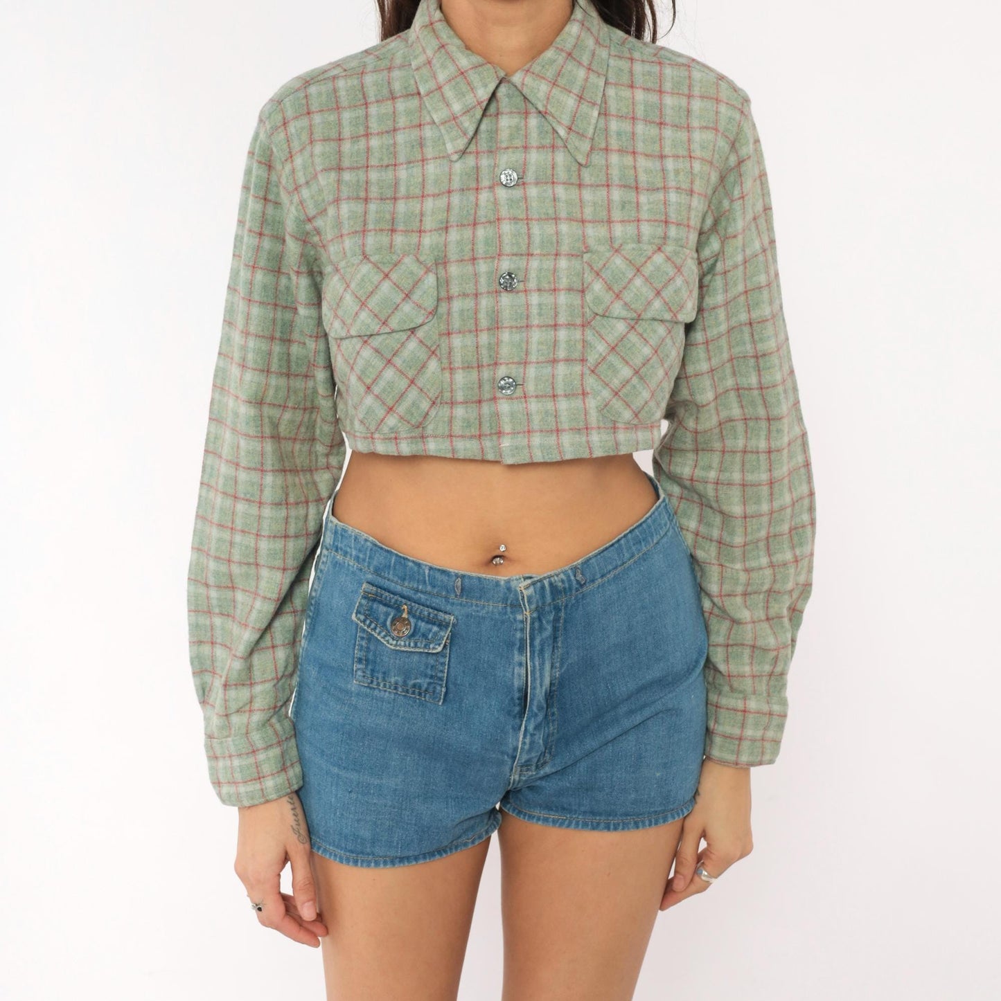 60s Towncraft Cropped Plaid Wool Shirt Sage Green Red Windowpane Medium
