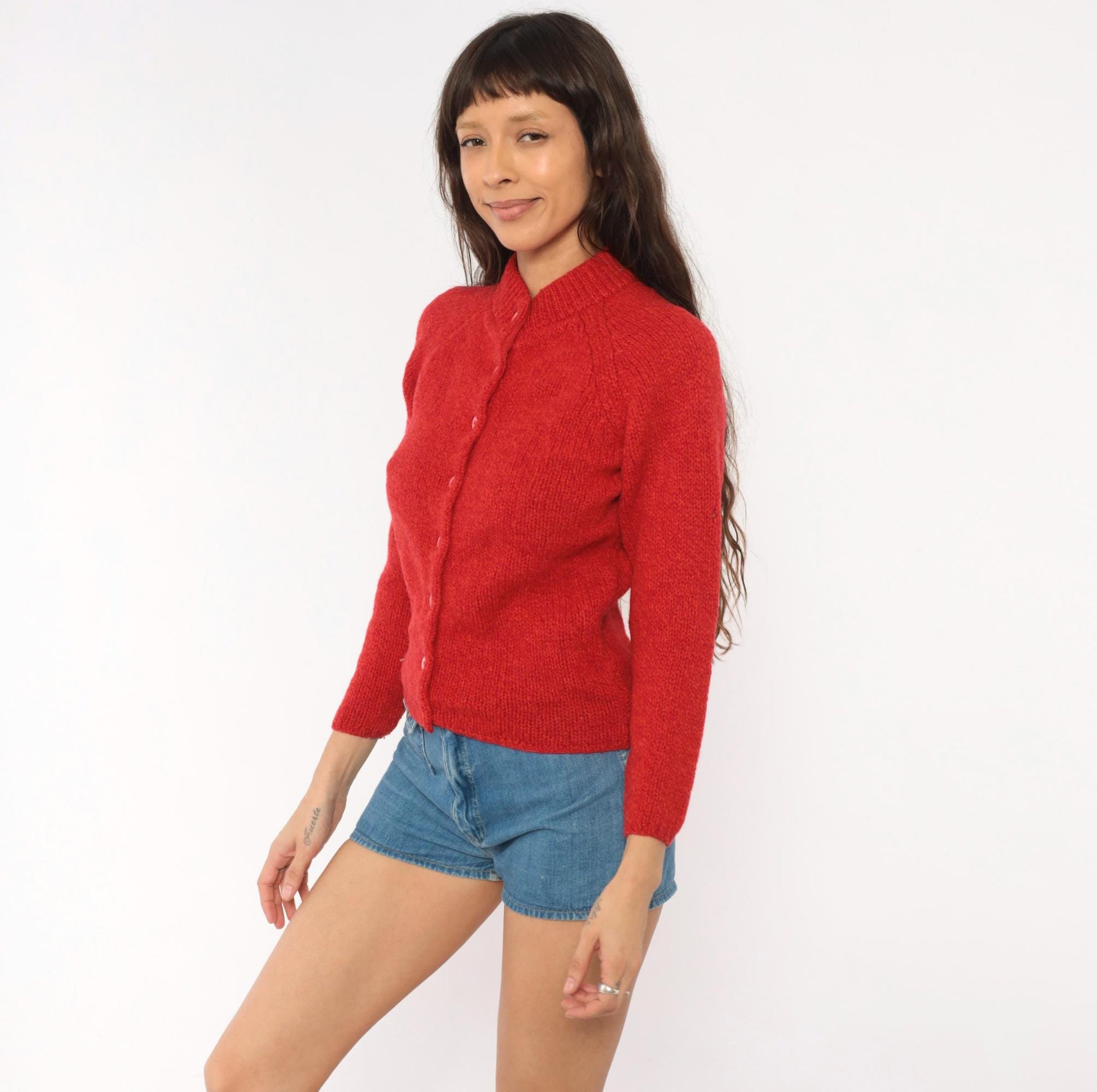 70s Bernhard Altmann Red Shetland Wool Cardigan Mock Neck Extra Small XS