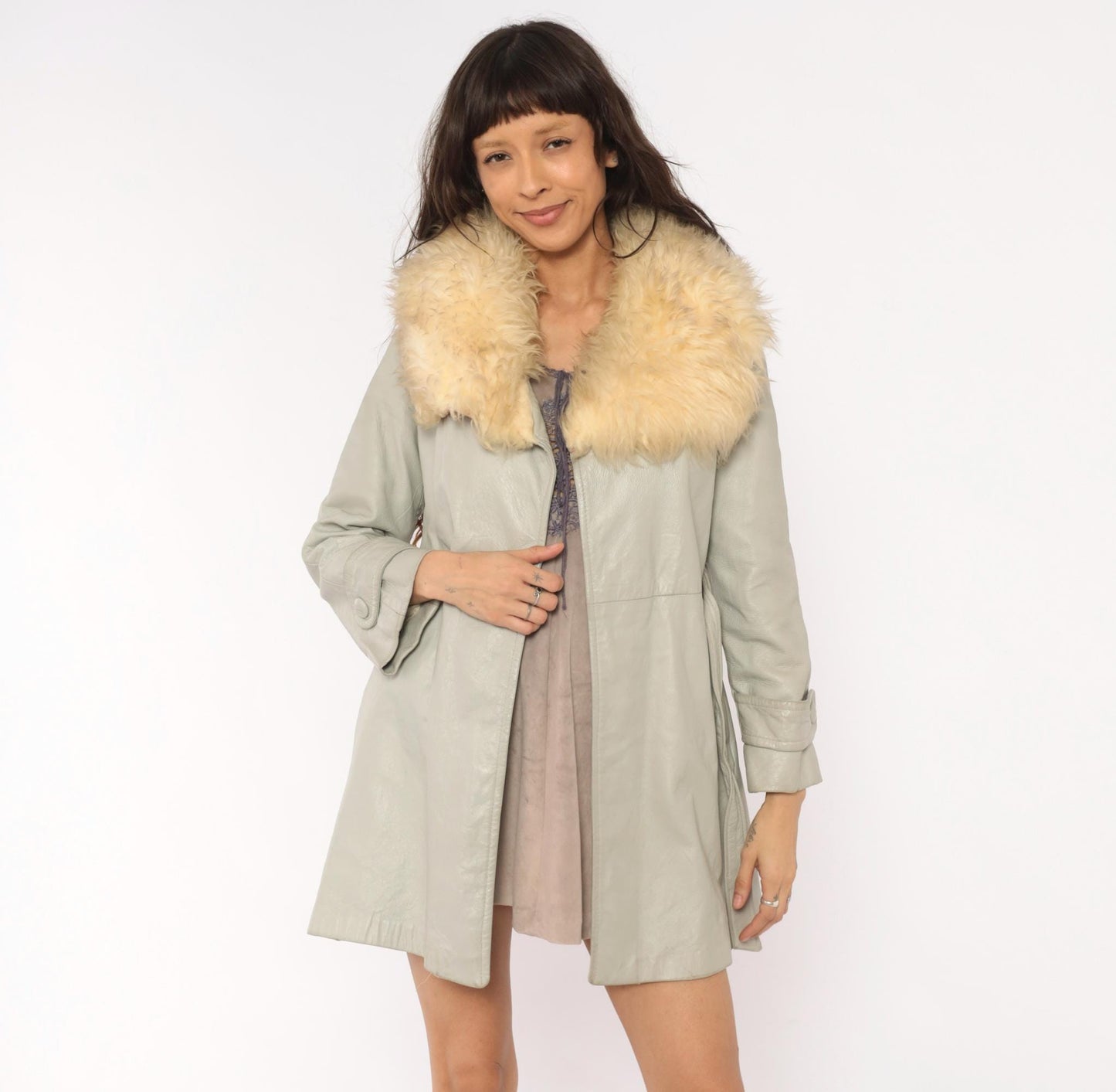 70s Grey Leather Coat Cream Fur Collar Belted Mini Jacket Small S
