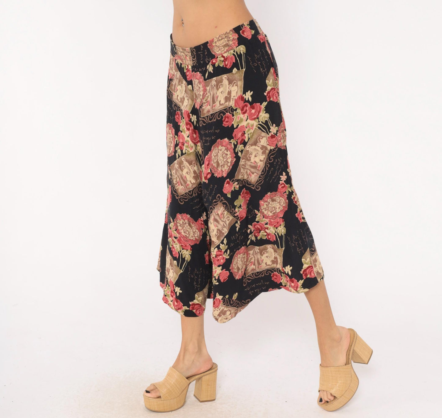 90s Impressions of California Culottes Black Floral Victorian Print Wide Leg Large L