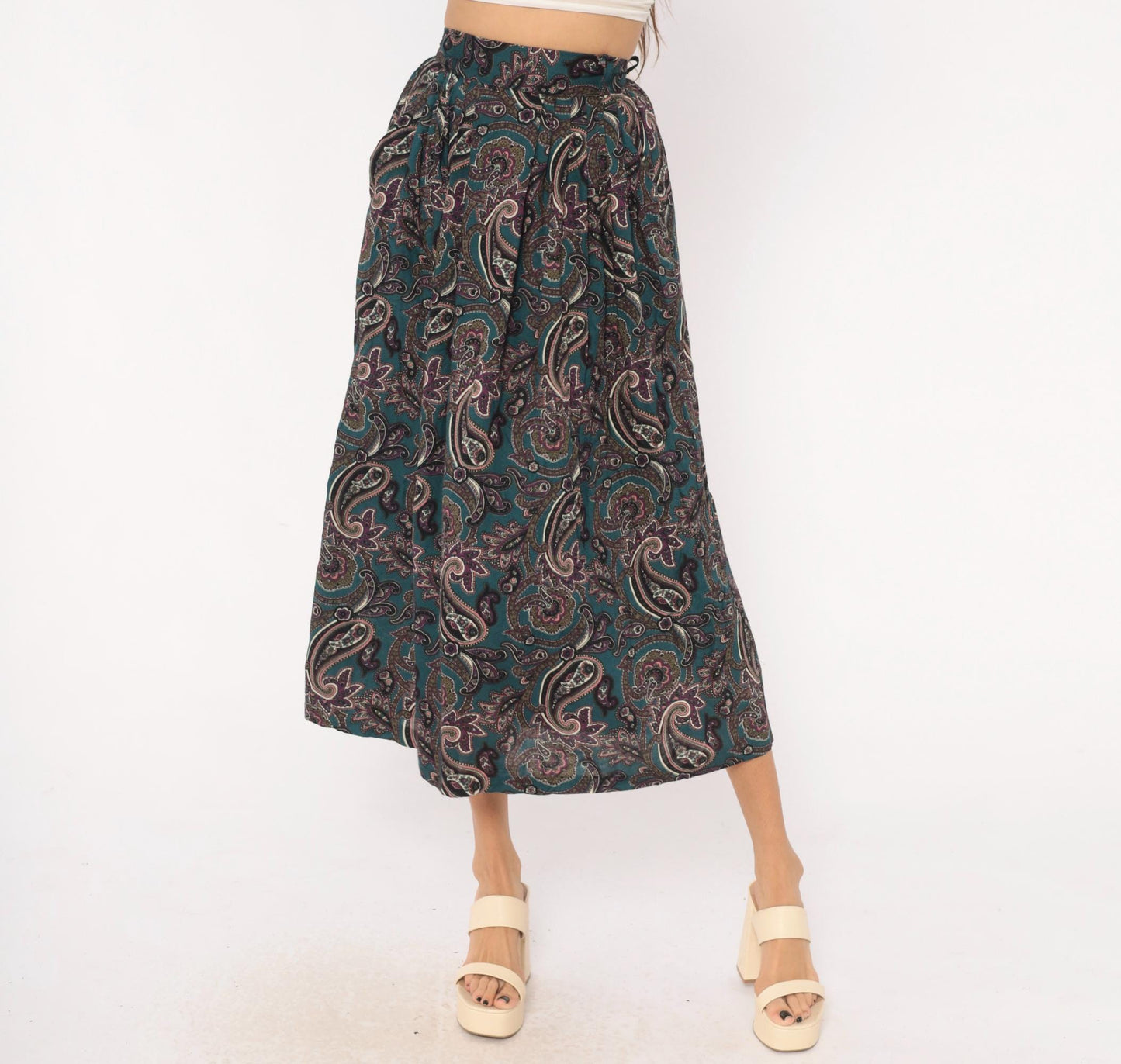 90s Words Paisley Pleated Midi Skirt Teal Pink Olive Extra Small XS