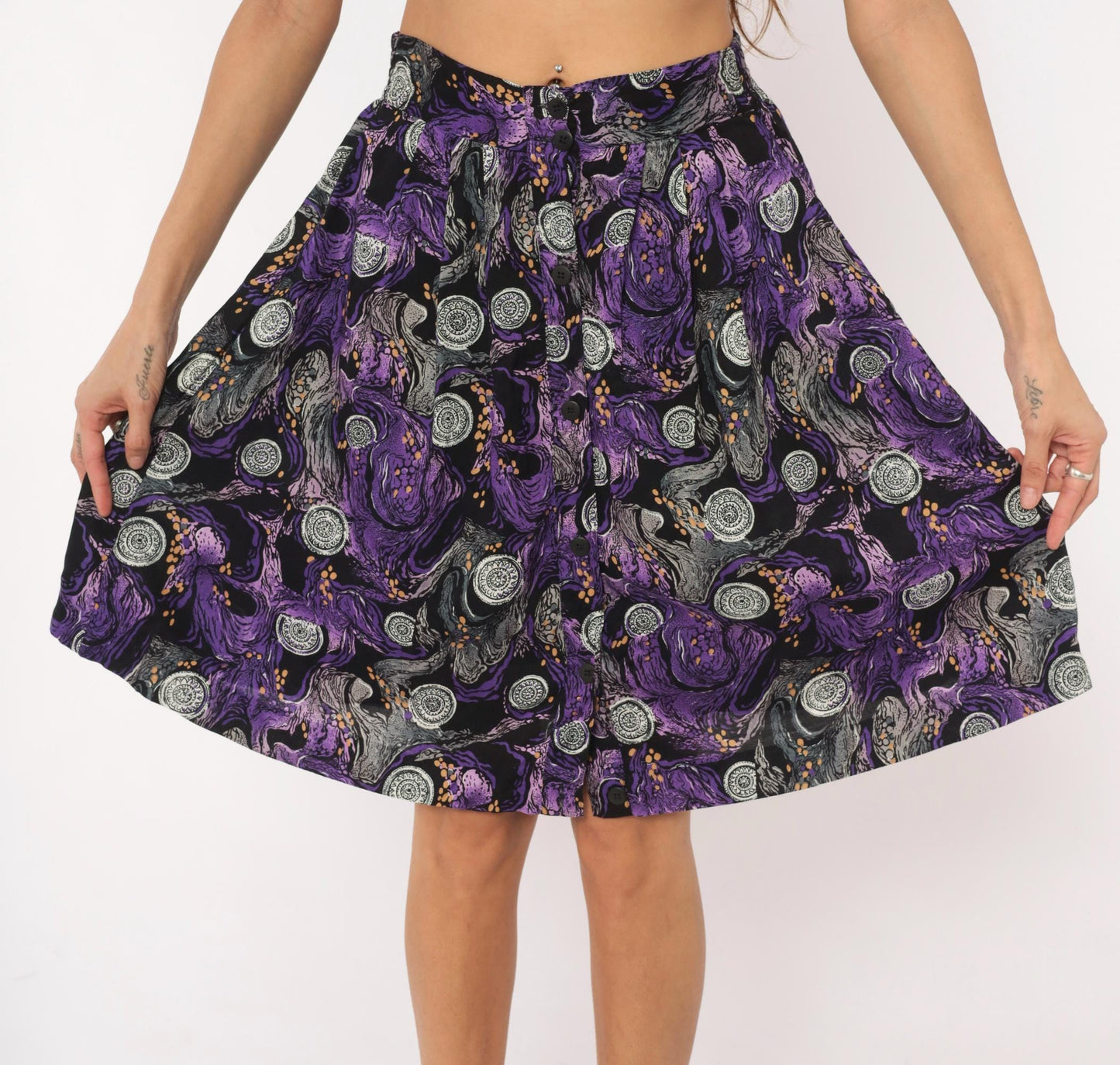 90s A Fine Line Abstract Swirl Mini Skirt Purple Button Front Small