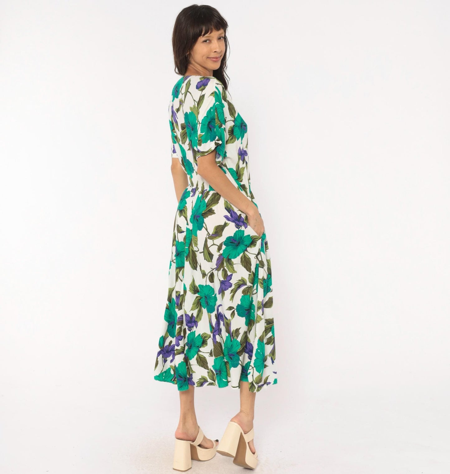 80s Tropical Hibiscus Midi Dress Teal Purple Floral Button Front Large L