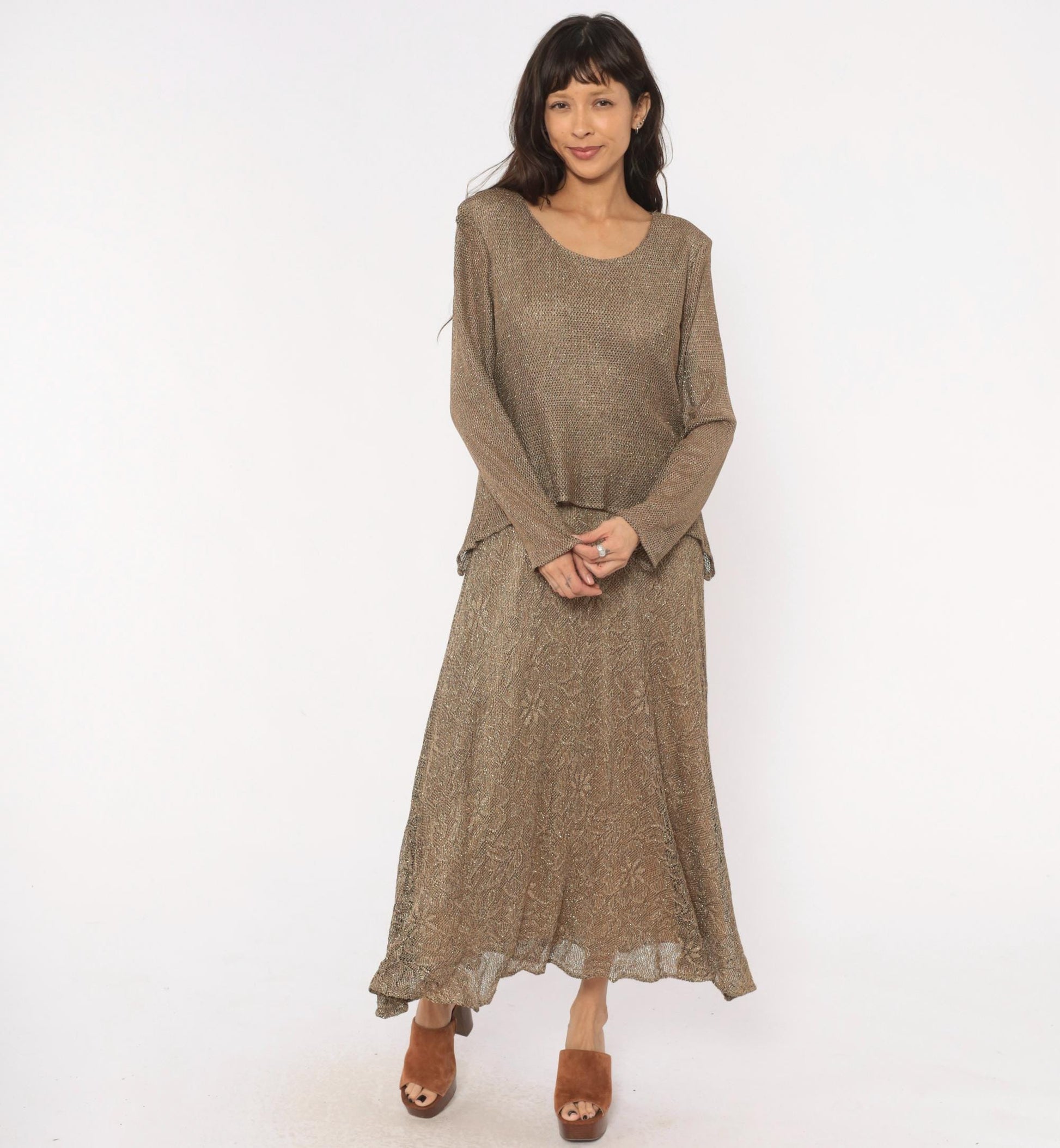 90s Onyx Nite Bronze Metallic Floral Lace Maxi Dress Long Sleeve Large L