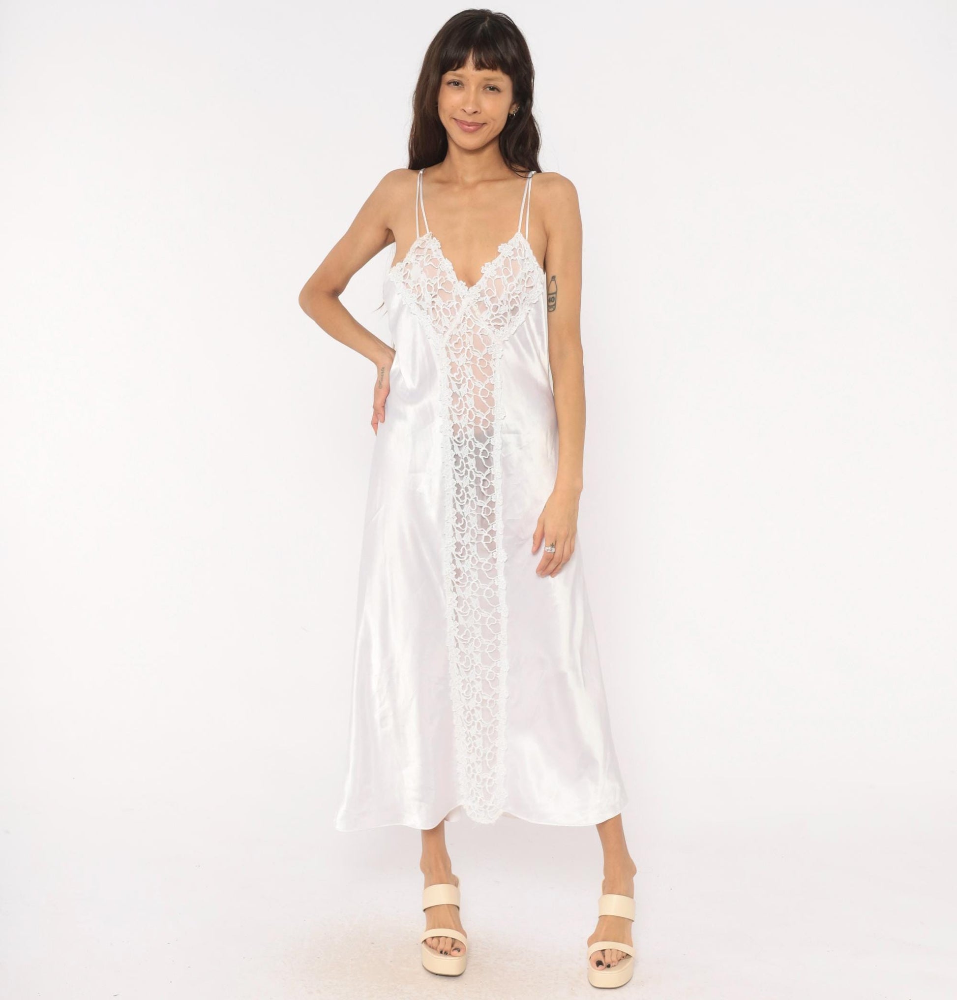 90s Just Flora White Satin Slip Dress Maxi Lace Panel Croquette Lingerie Large L