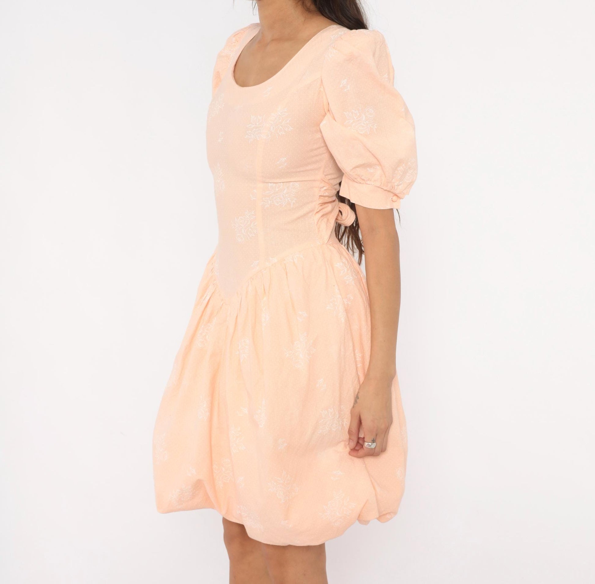 80s J.B.Xpress Puff Sleeve Mini Dress Peach Floral Cotton Basque Waist Extra Small XS