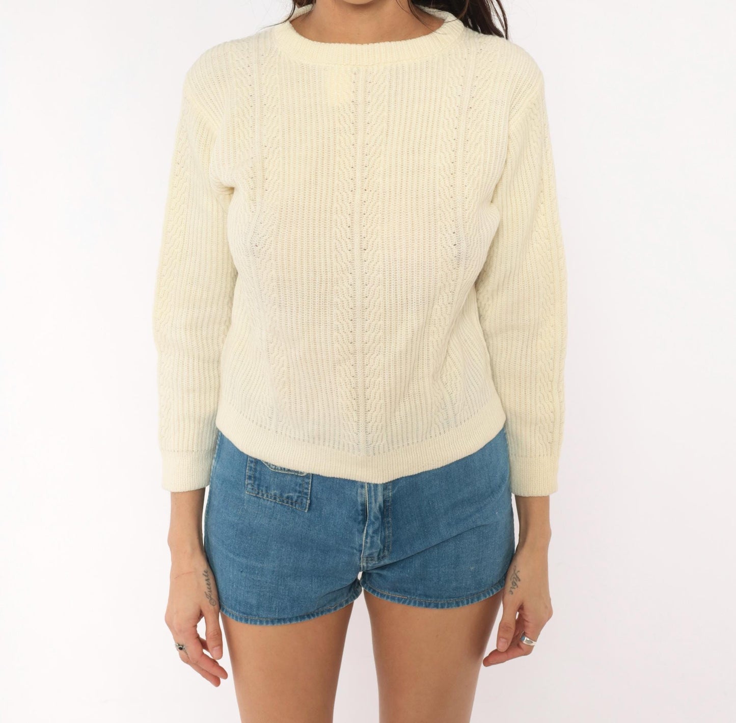 70s Cream Cable Knit Pullover Button Back Three Quarter Sleeve Medium