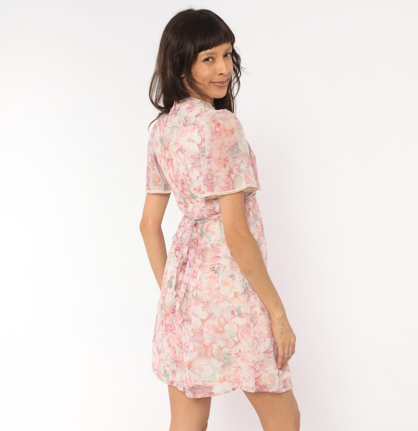 70s R.A.R. Pink Floral Mini Dress Puff Sleeve Crochet Bib Extra Small XS