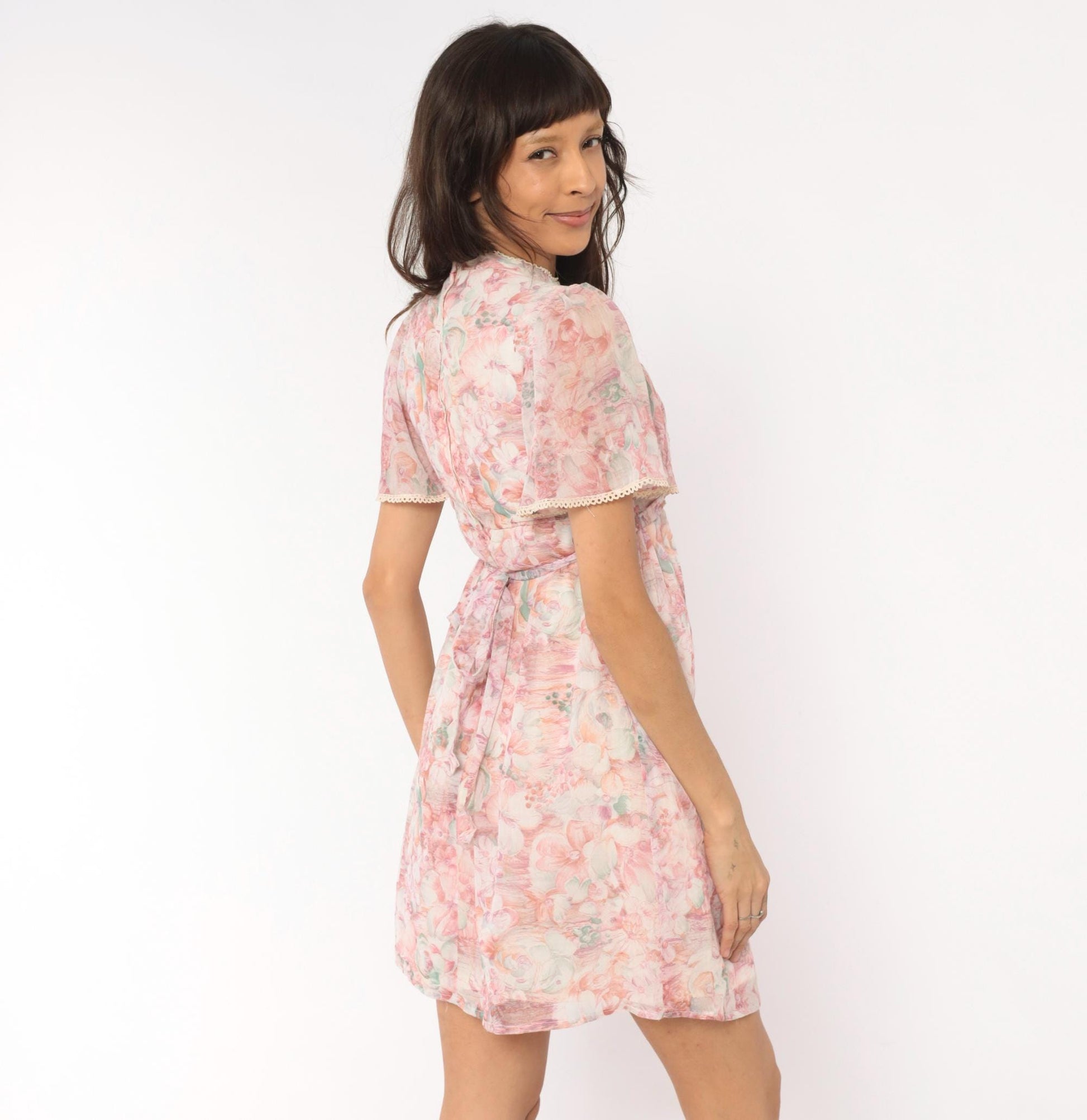 70s R.A.R. Pink Floral Mini Dress Puff Sleeve Crochet Bib Extra Small XS