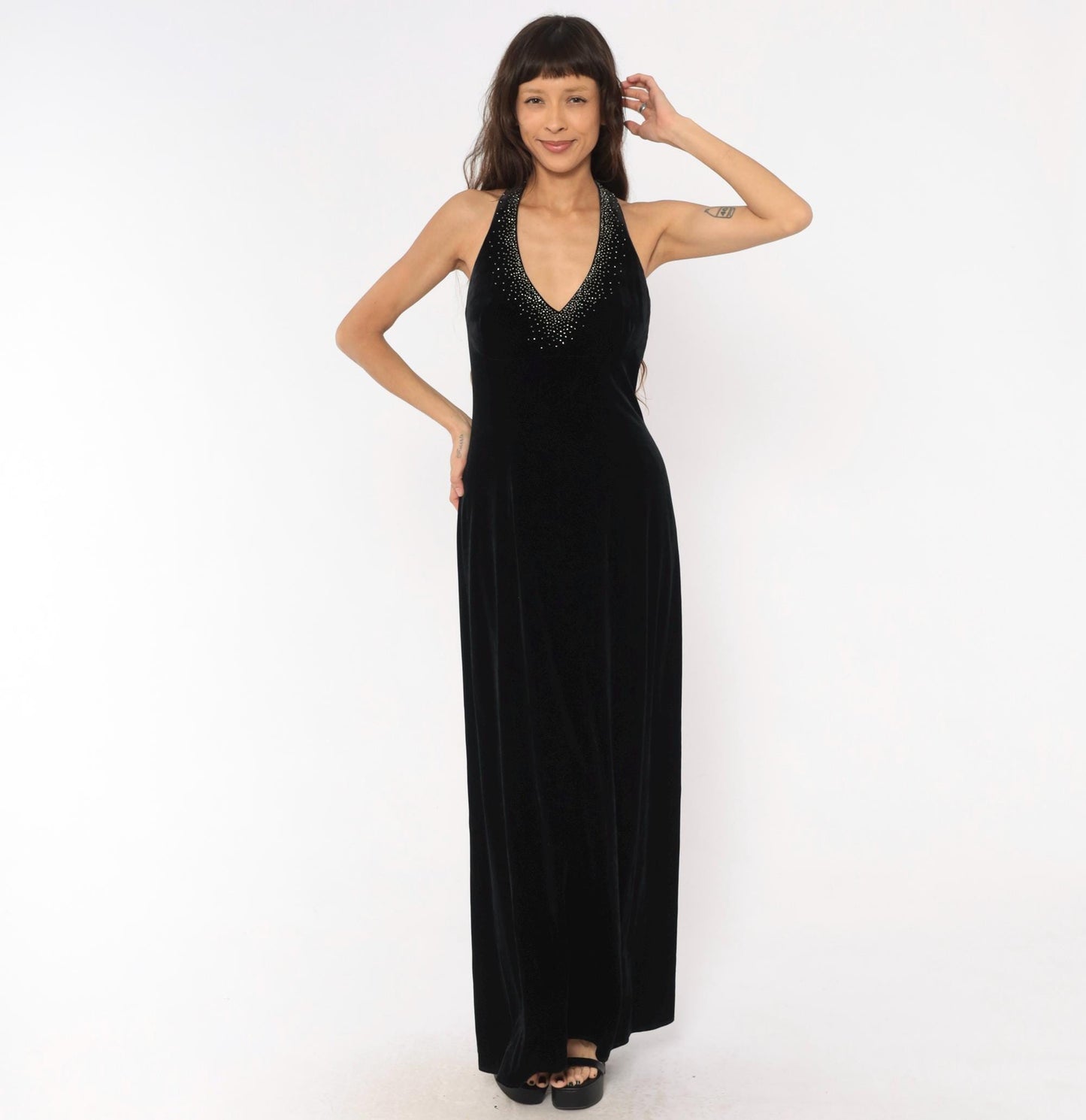 90s Dave & Johnny Black Velvet Halter Maxi Gown Rhinestone Open Back Large L