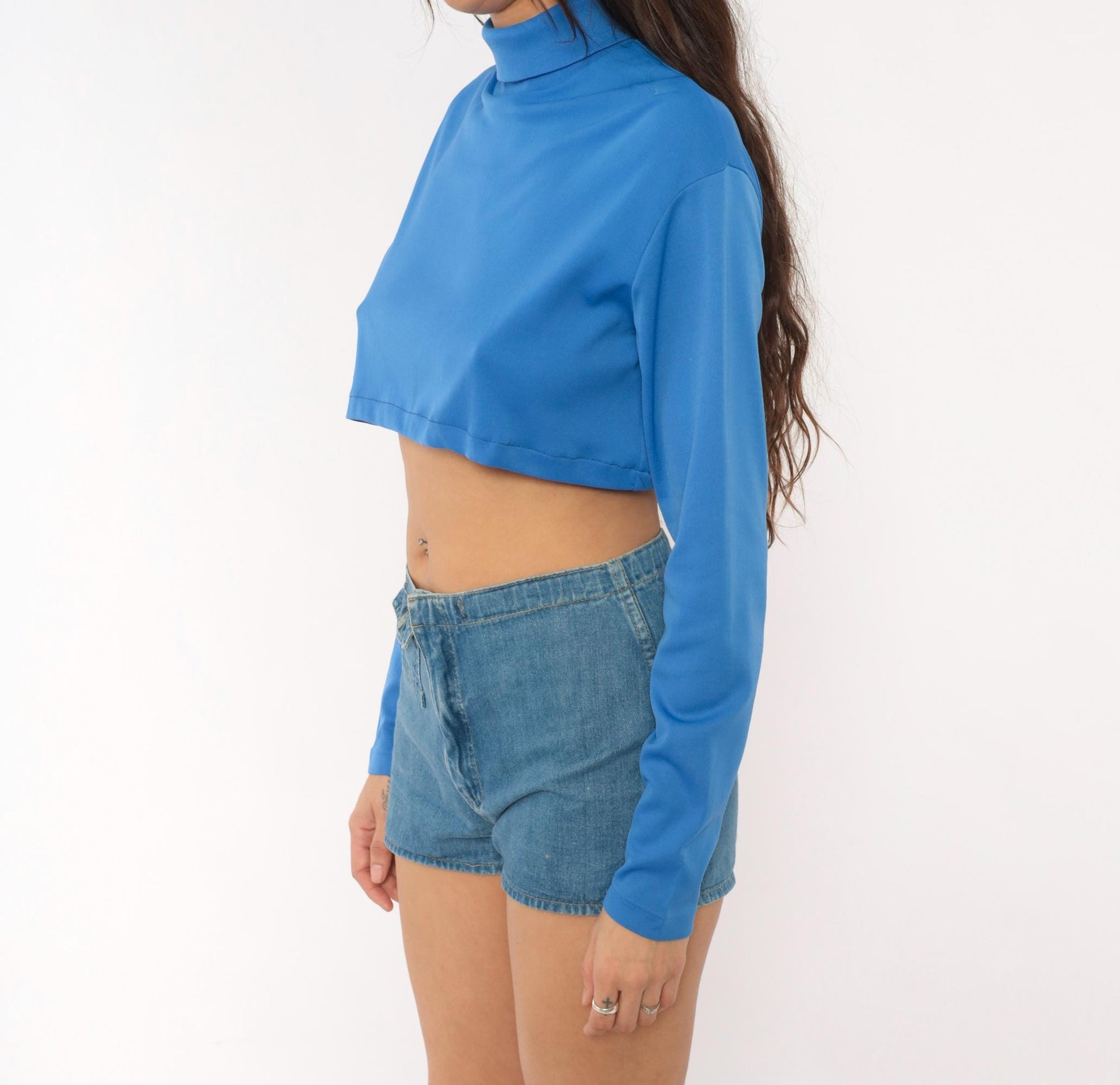 70s Cornflower Blue Crop Top Long Sleeve Mock Neck Back Zip Medium