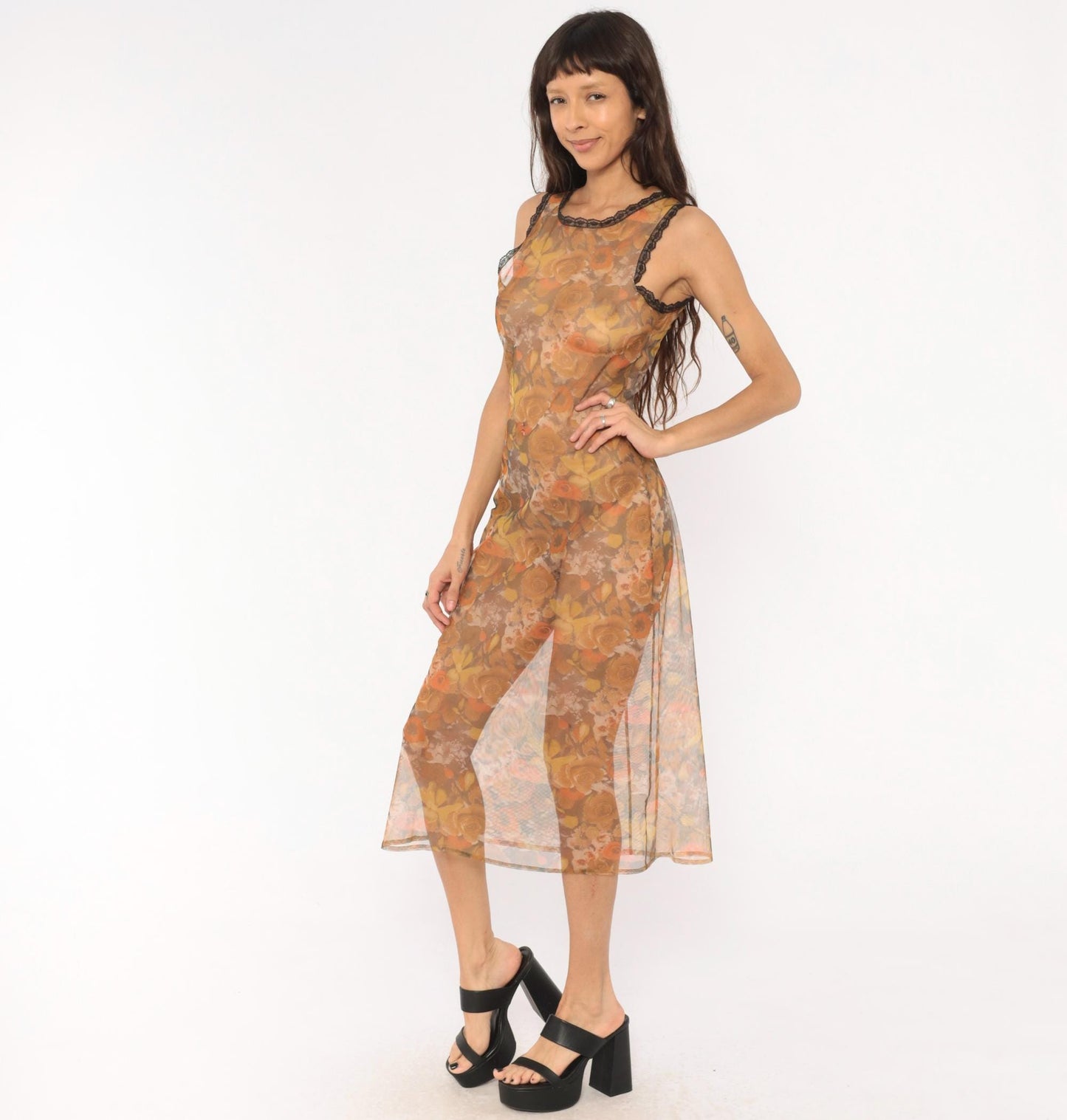 90s Floral Mesh Midi Dress Sheer Rose Print Orange Tan Brown Extra Small XS