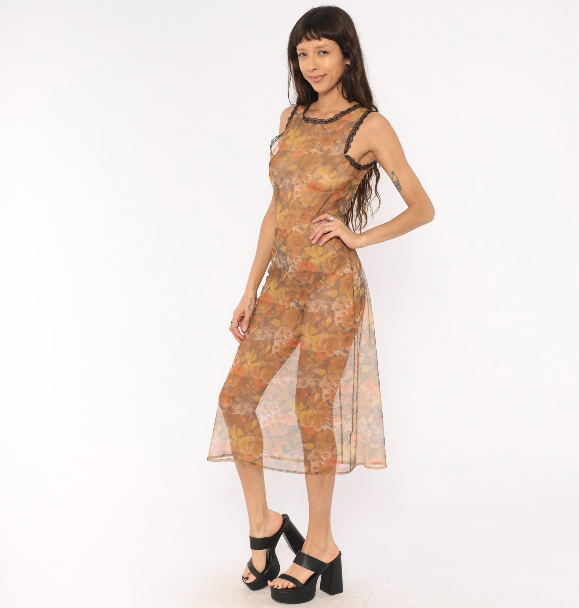 90s Floral Mesh Midi Dress Sheer Rose Print Orange Tan Brown Extra Small XS