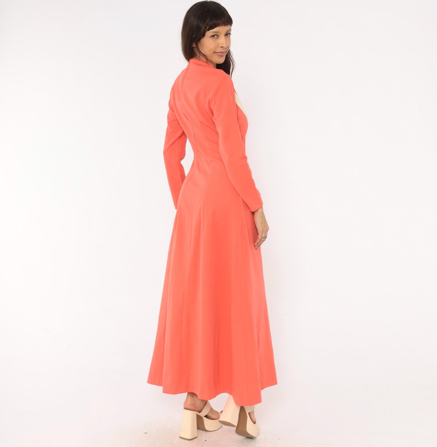 70s Puritan Forever Young Coral Stripe Maxi Dress Mock Neck Medium M