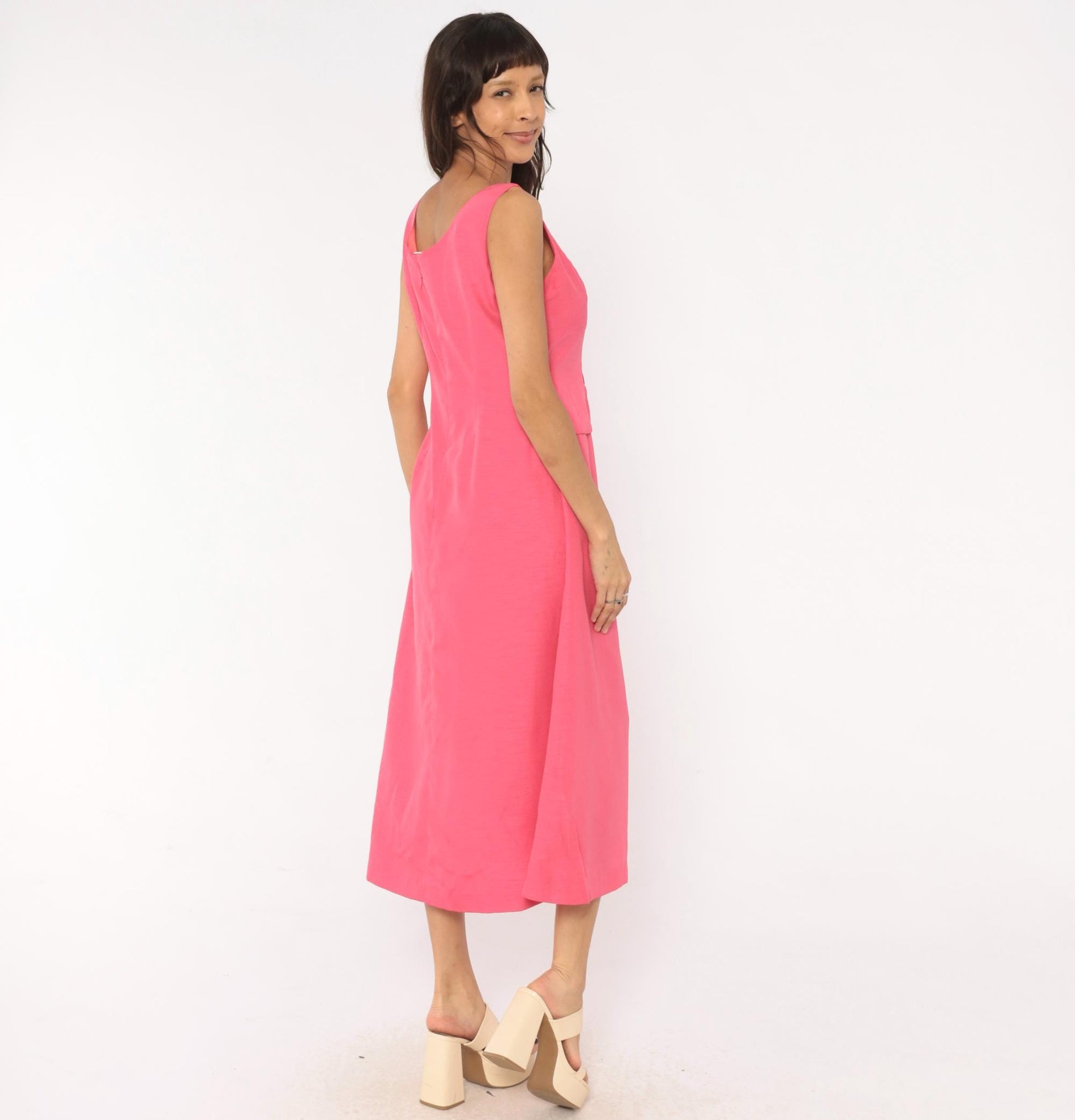 80s Hot Pink Sleeveless Maxi Dress Square Neck Peplum Bow Large L