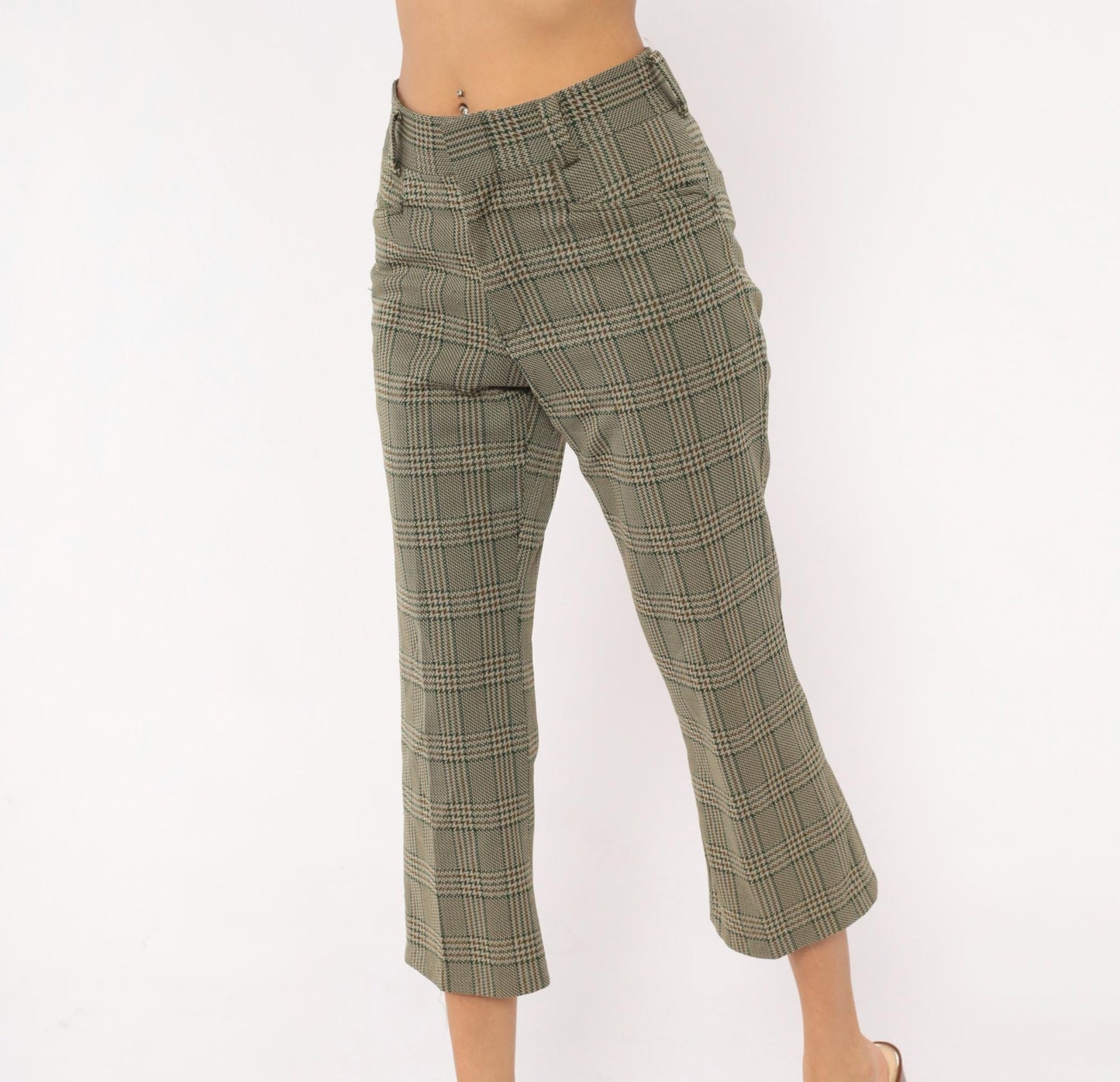 70s Chess Man Glen Plaid Cropped Flare Trousers Olive Tan Extra Small XS