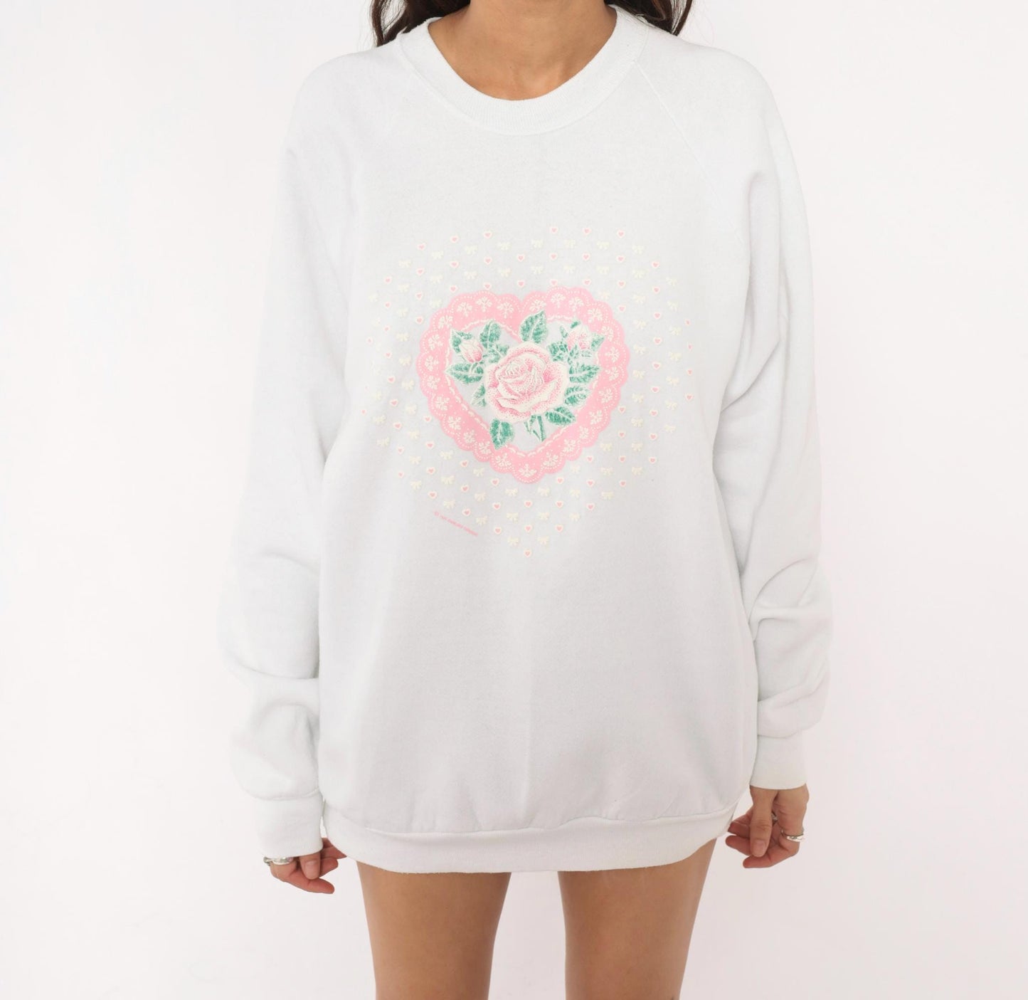 90s Fruit Of The Loom Rose Heart Lace Sweatshirt White Pink Raglan Extra Large XL