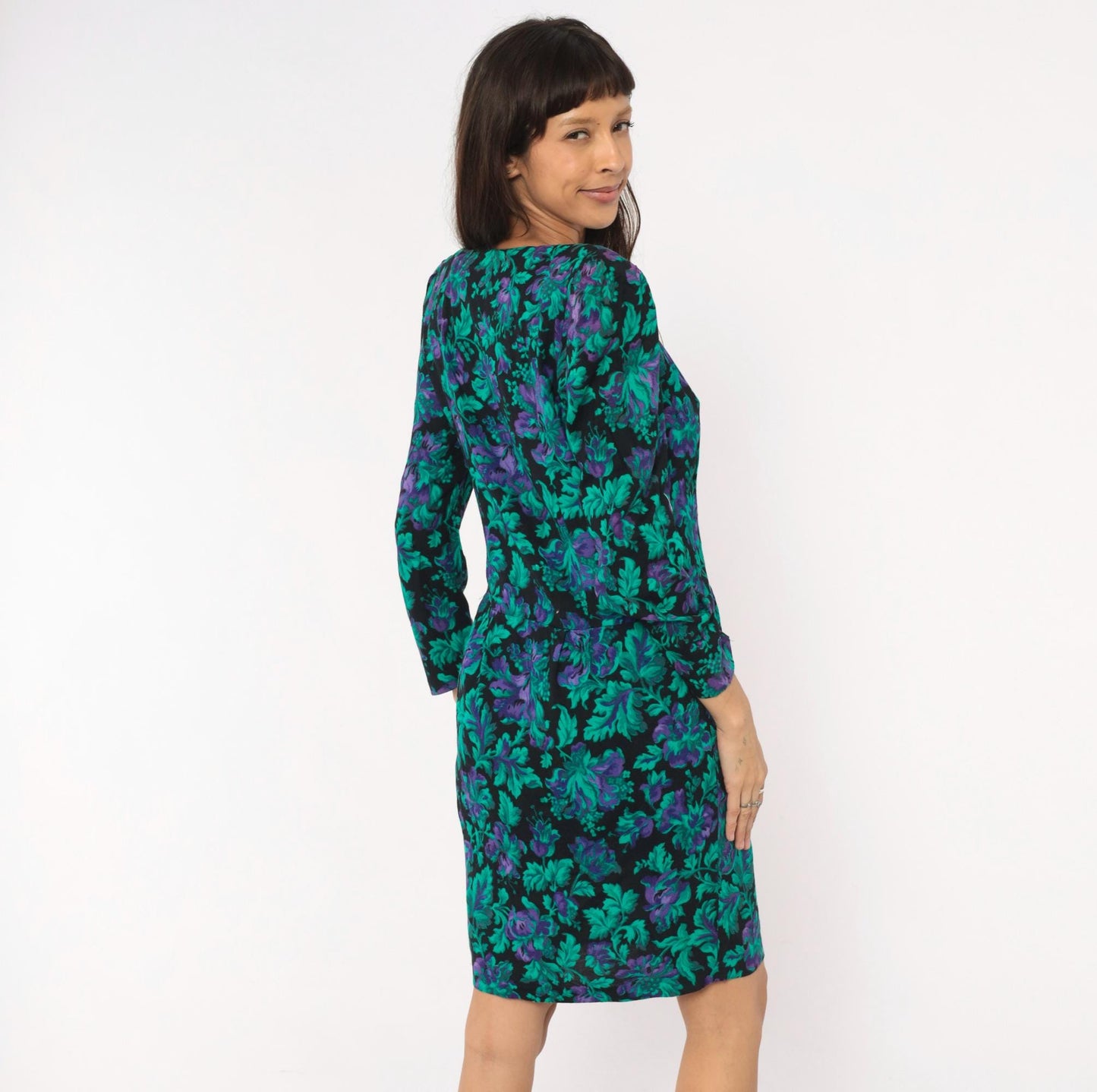 90s Petite Jazz Floral Button-Front Dress Teal Black Botanical Shoulder Pad Large