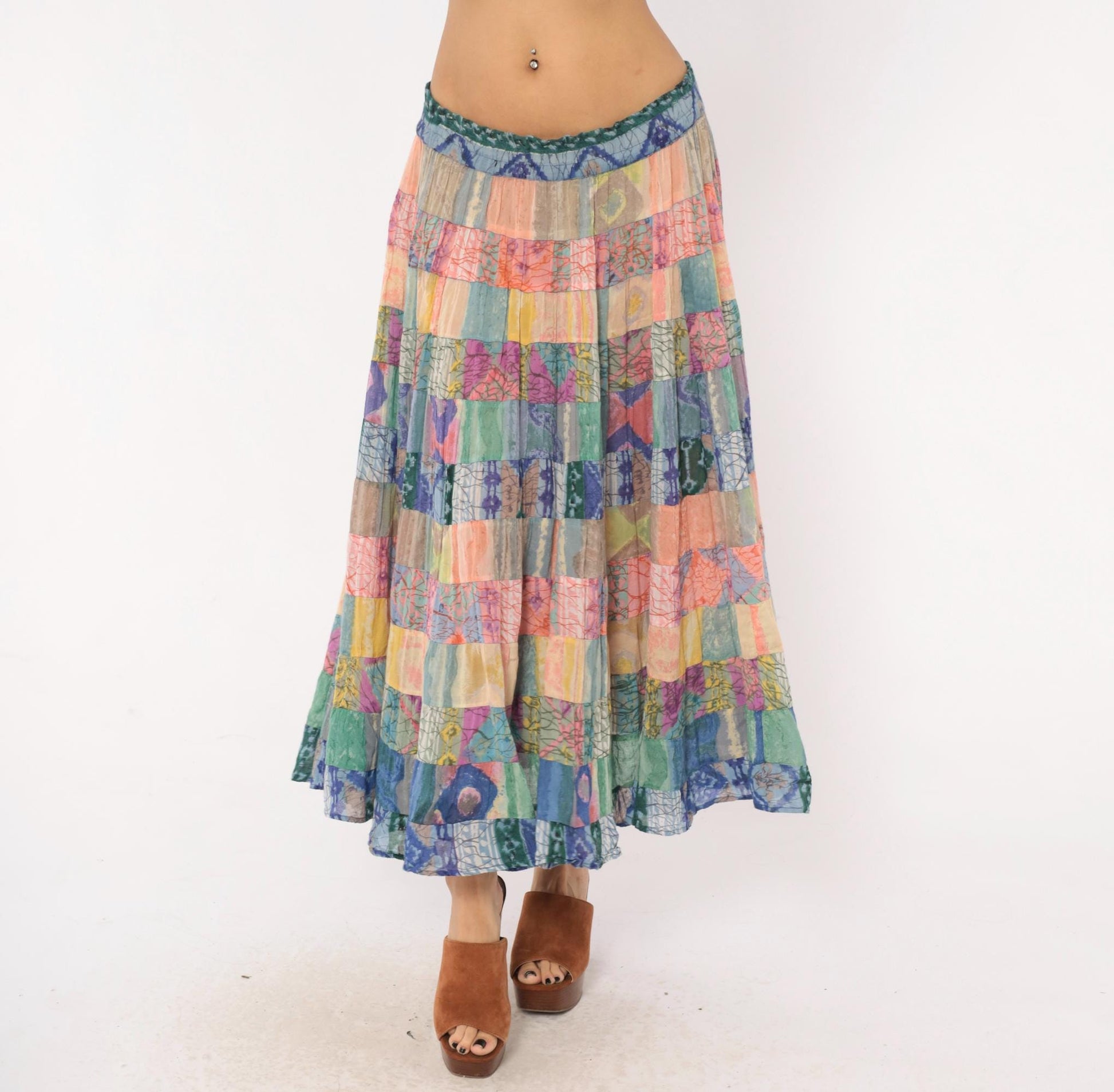 90s Bila California Patchwork Batik Maxi Skirt Tiered Gauze Large