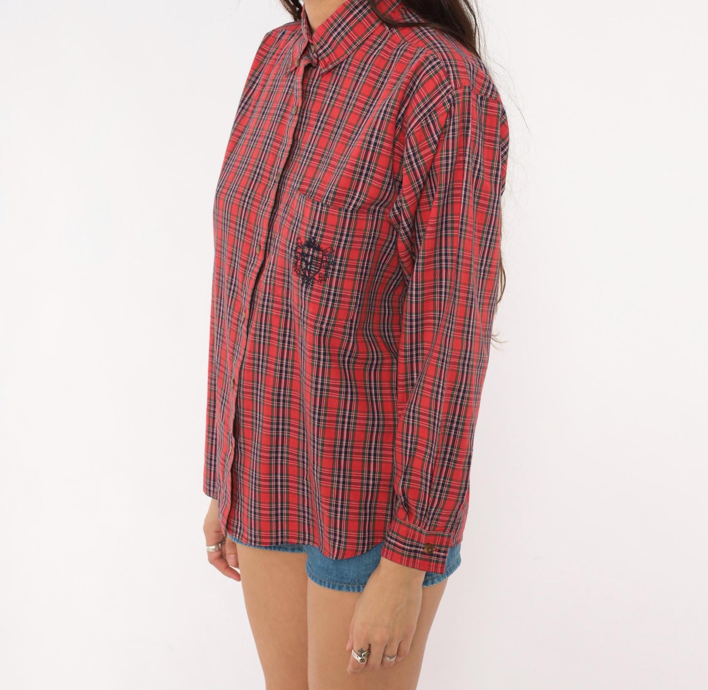 80s Karen Scott Tartan Plaid Button-Up Shirt Red Navy Embroidered Small