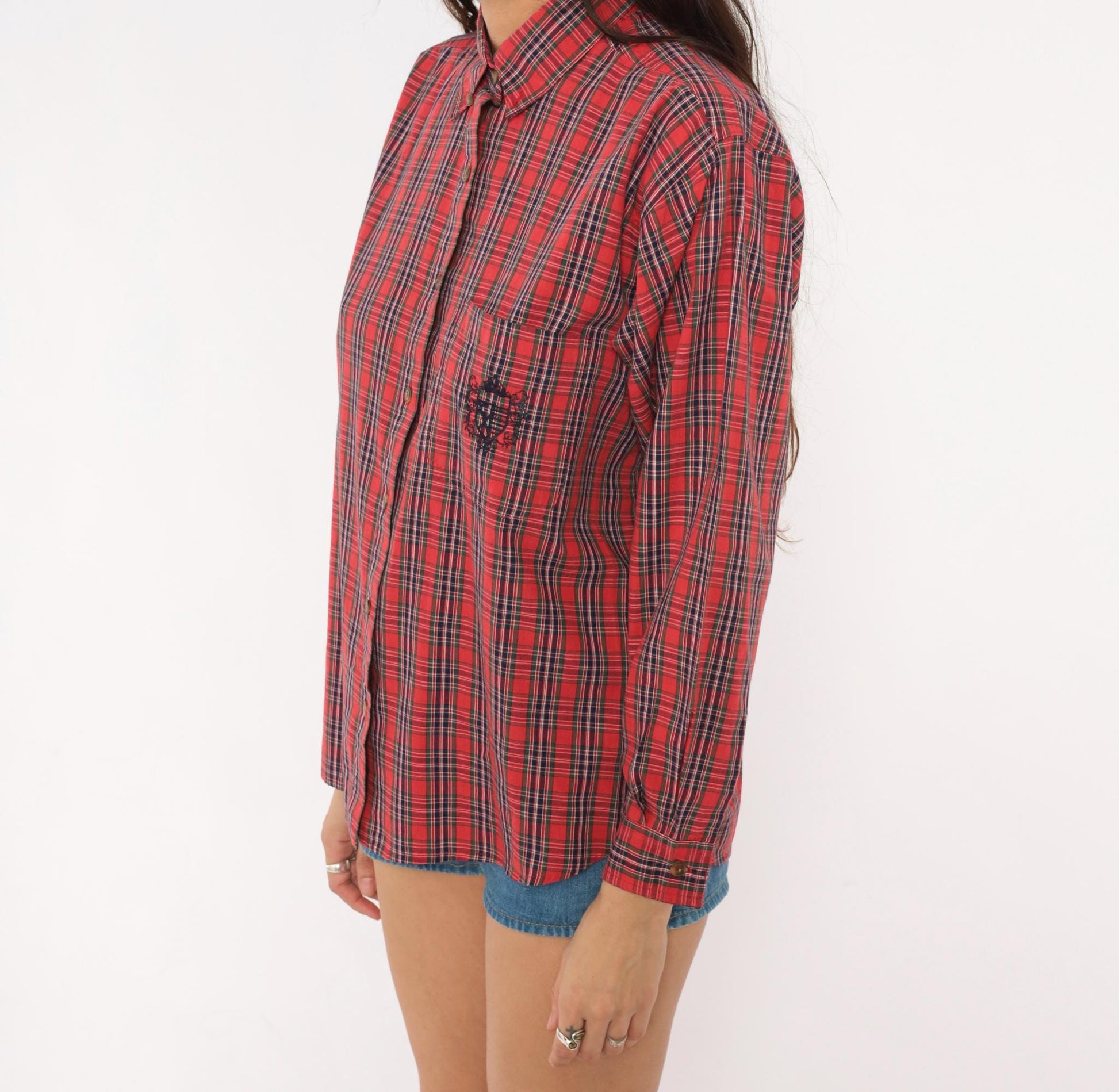 80s Karen Scott Tartan Plaid Button-Up Shirt Red Navy Embroidered Small