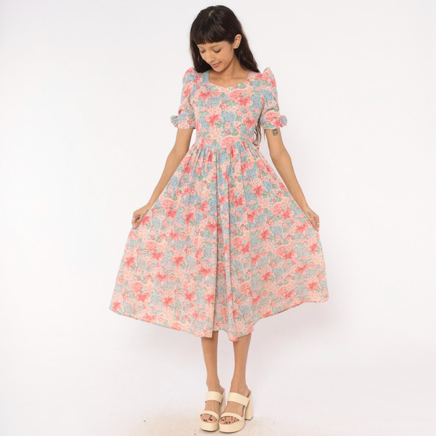 80s Floral Midi Dress Pink Blue Puff Sleeve Sweetheart Cotton XXS