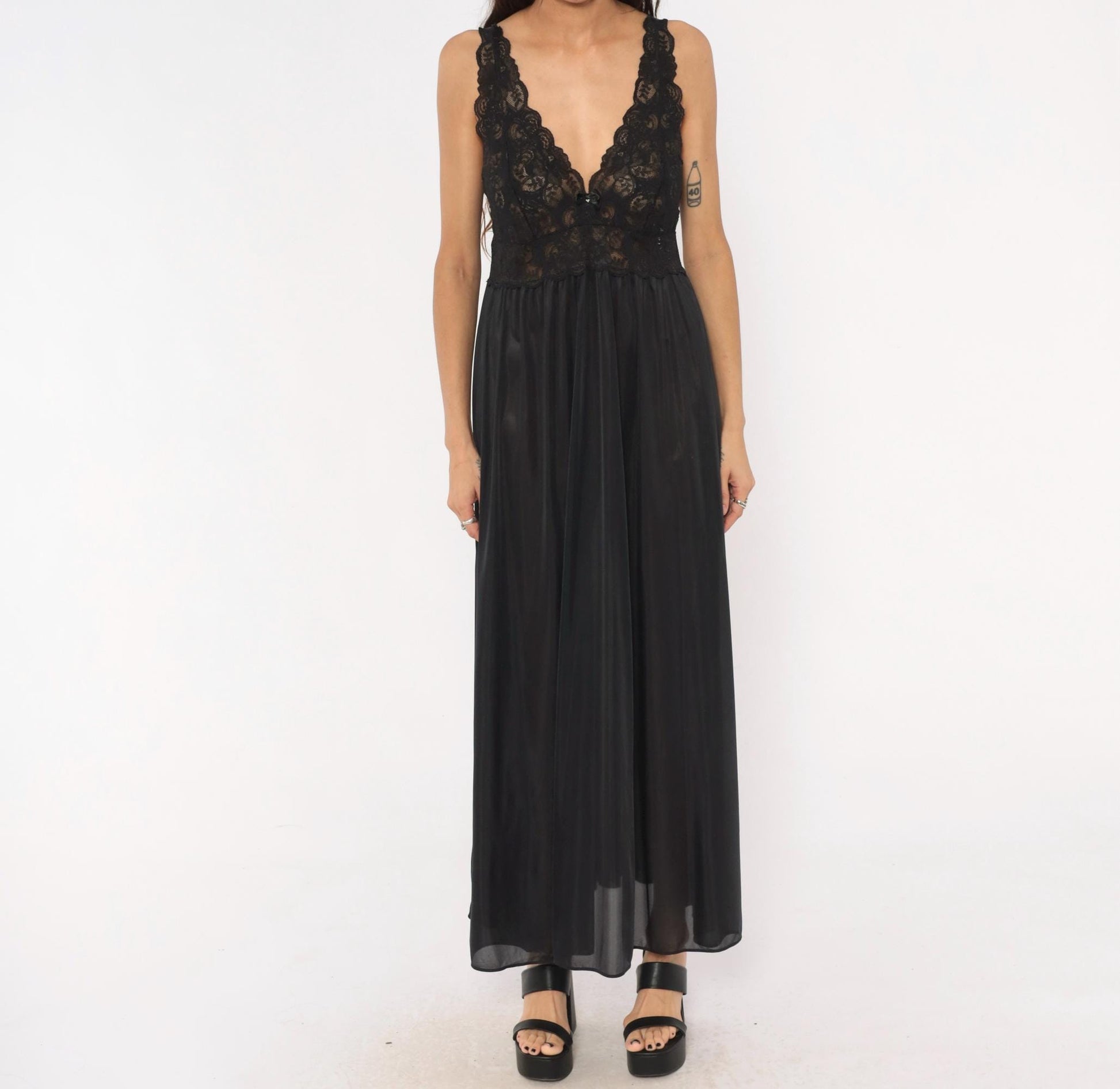 80s Shadowline Black Lace Maxi Nightgown Deep V Sheer Bodice Large L