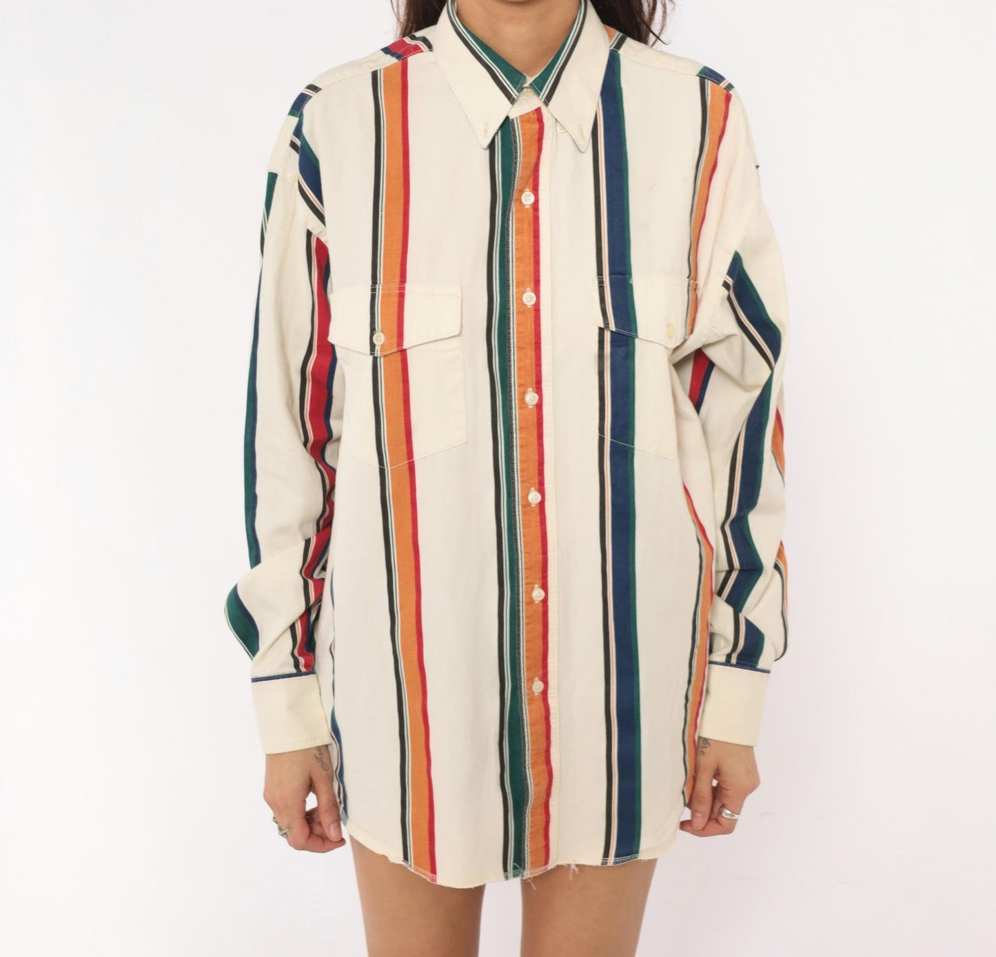 90s Wrangler Striped Button-Up Shirt Cream Navy Orange Vertical Stripe Western Extra Large XL