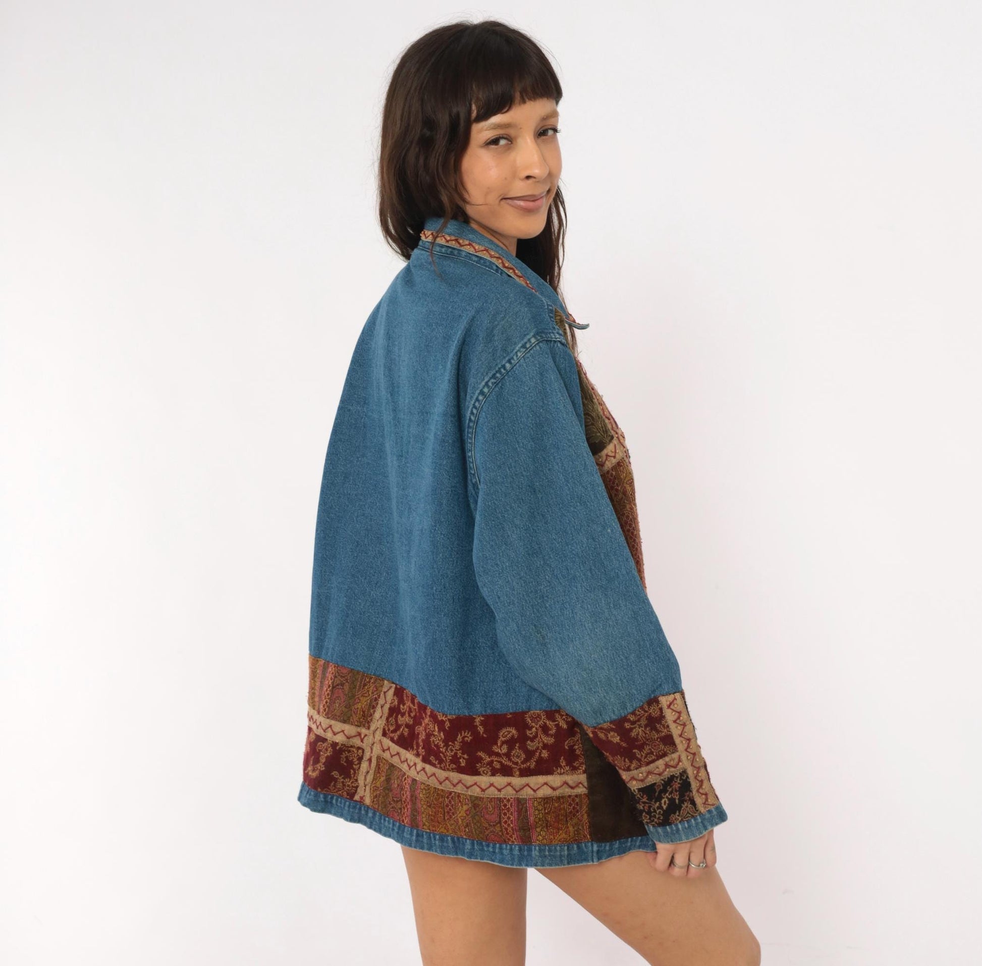 Y2K Units Woman Patchwork Denim Jacket Floral Tapestry Burgundy Extra Large XL