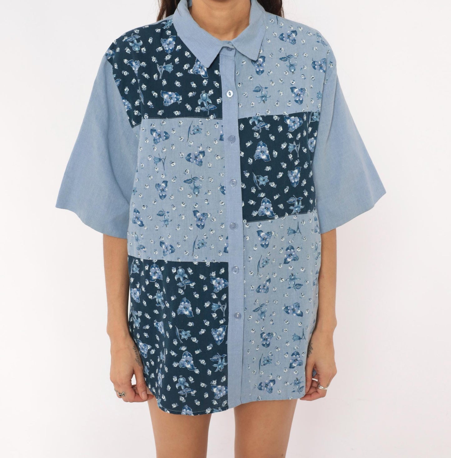 90s Tapestry Patchwork Floral Button-Up Shirt Blue Navy Cotton Blend Extra Large