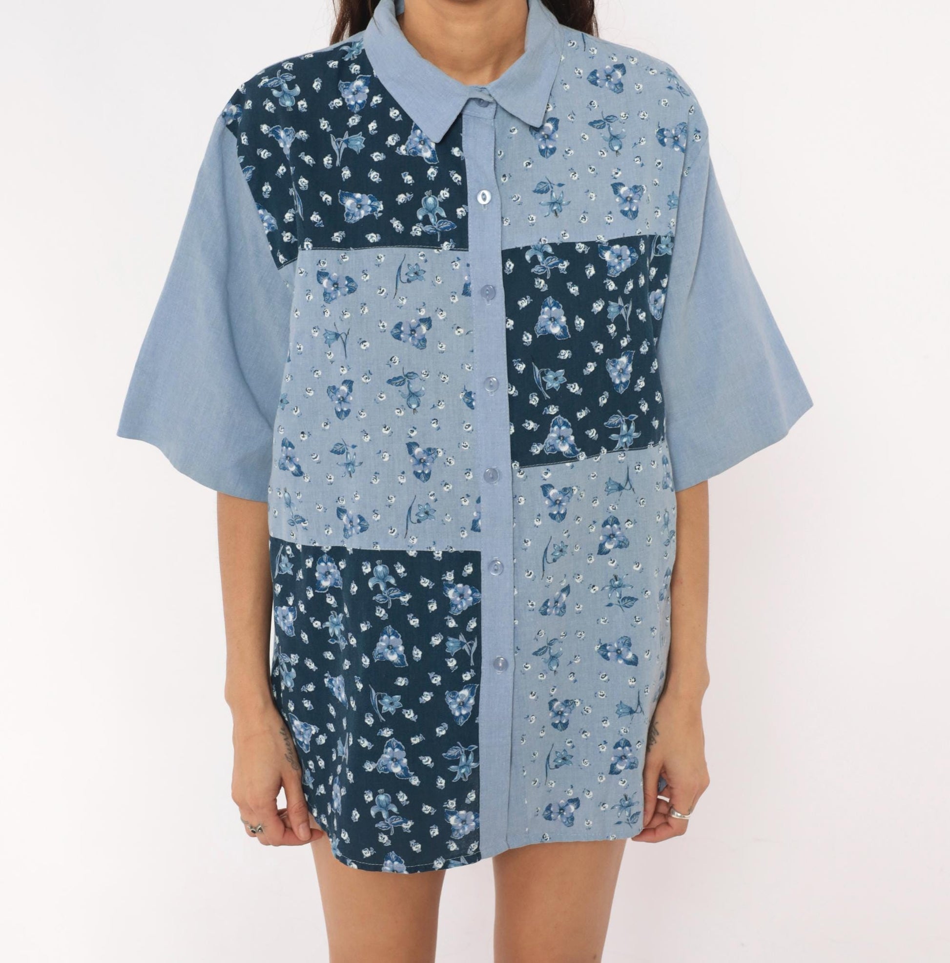 90s Tapestry Patchwork Floral Button-Up Shirt Blue Navy Cotton Blend Extra Large