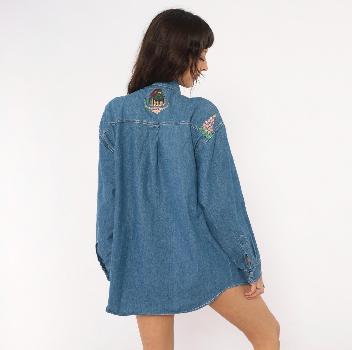 90s Short Circuit Blues Denim Shirt Hand-Painted Floral Garden Multicolor Large L