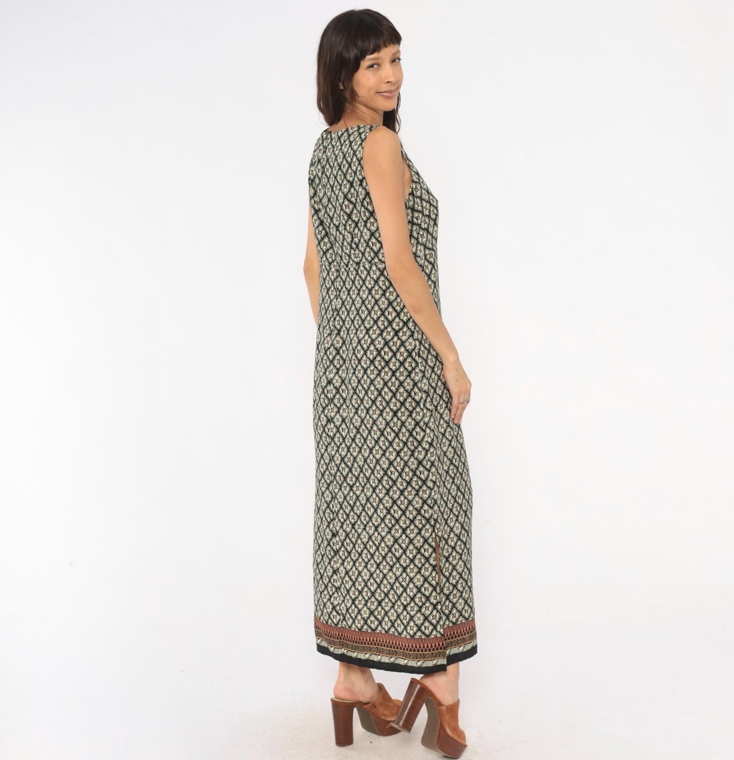 90s Dorée Collections Diamond Lattice Maxi Dress Black Cream Keyhole Large L