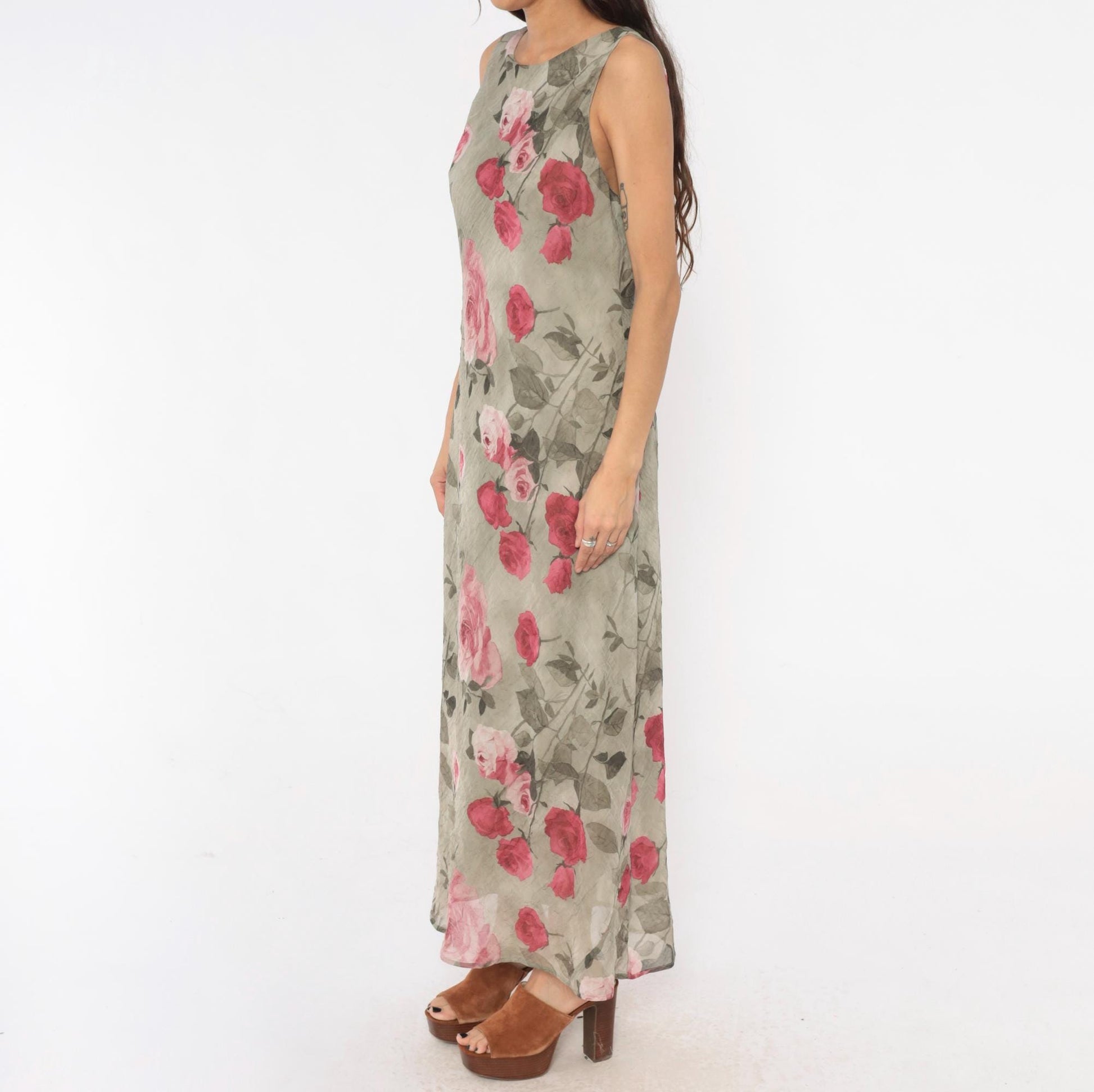 90s Dressbarn Maxi Dress Olive Rose Floral Chiffon Sleeveless Large L