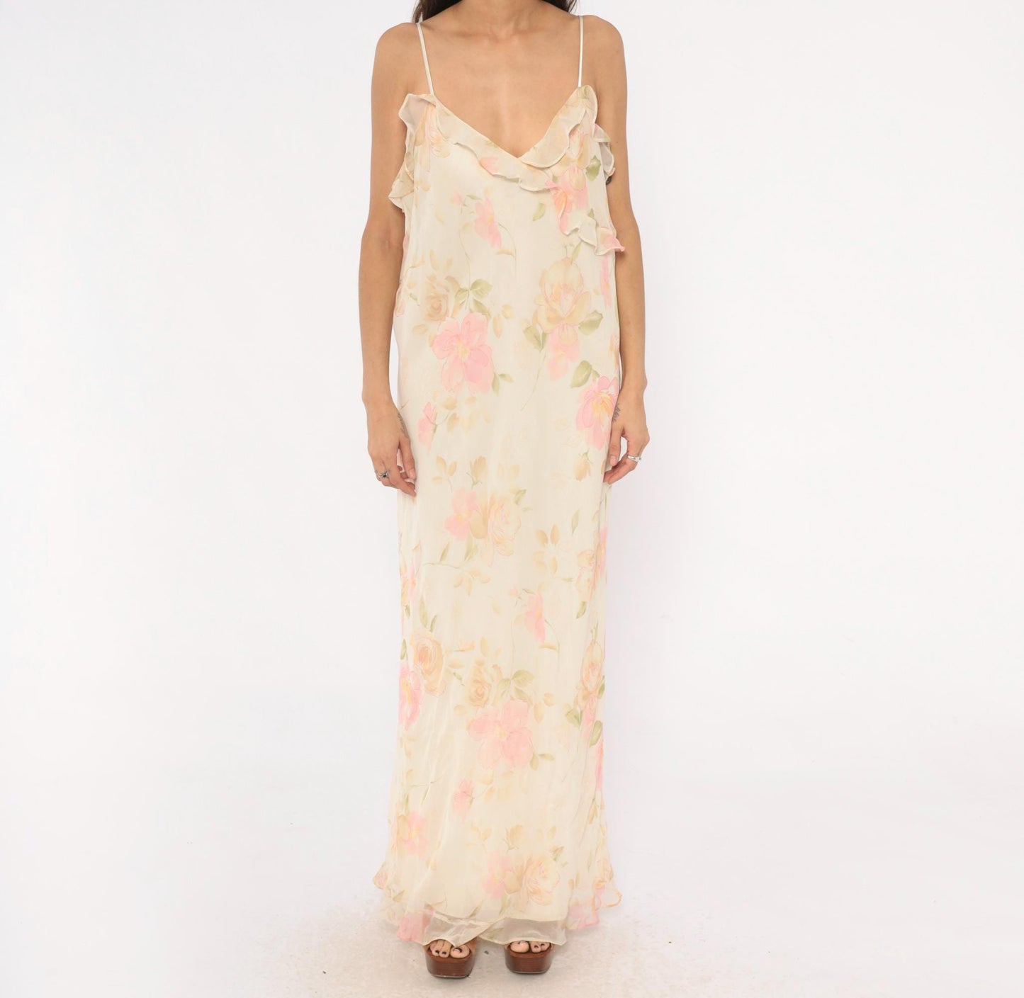 90s Valerie Stevens Floral Maxi Dress Cream Pink Chiffon V-Neck Extra Large XL