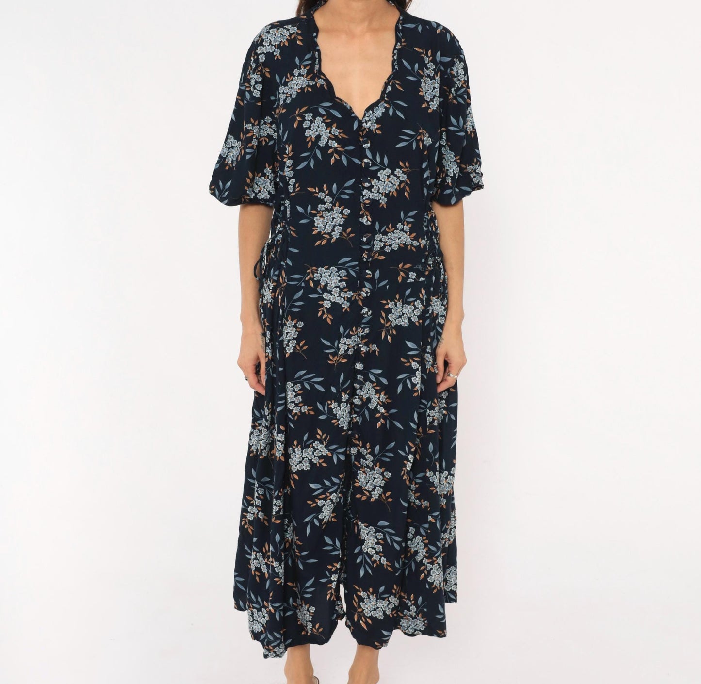 90s Jamie Brooke Floral Midi Dress Navy Blue Tie Waist Plus Size 20W