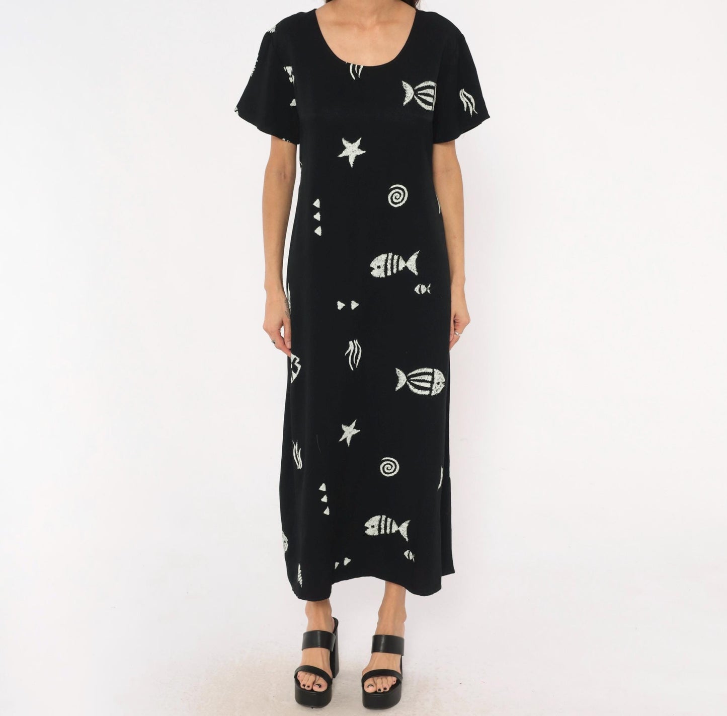 90s Connie Choi Fish Print Maxi Dress Black White Sea Life Large L
