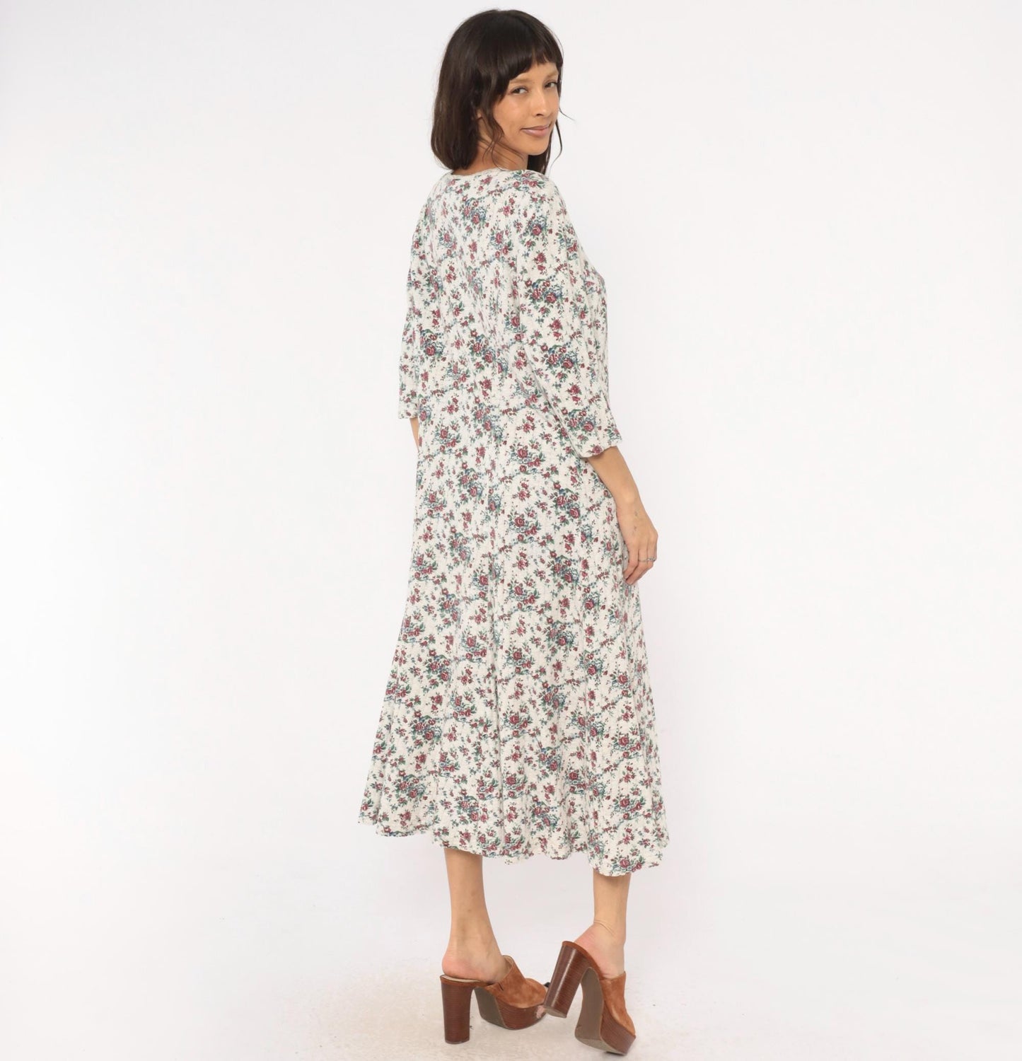 90s More En Focus Floral Midi Dress Bell Sleeve White Burgundy Large L