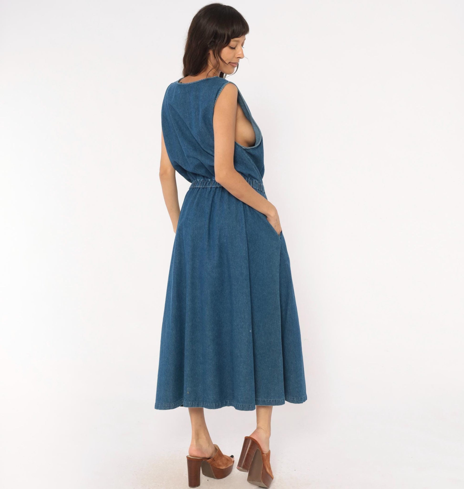 90s Eddie Bauer Denim Maxi Dress Sleeveless Button Front Blue Cotton Large L