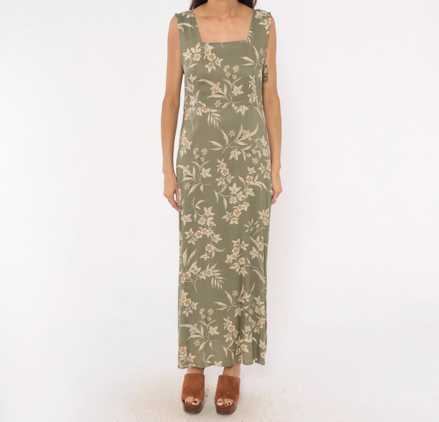 90s Kathie Lee Olive Floral Maxi Dress Cream Botanical Fitted Waist Large L