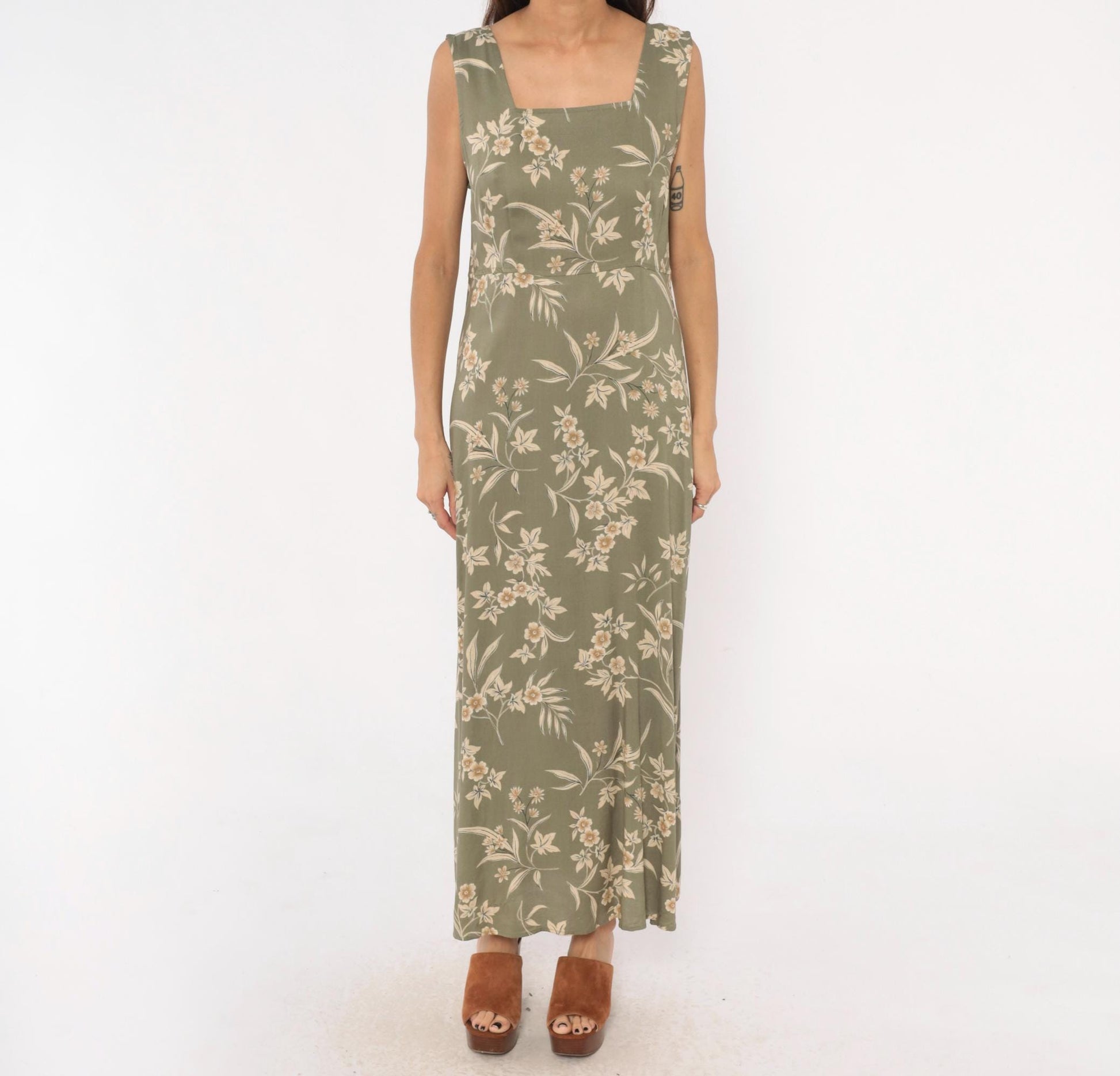 90s Kathie Lee Olive Floral Maxi Dress Cream Botanical Fitted Waist Large L