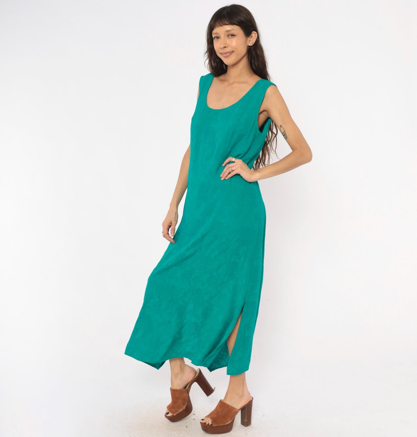 90s Karin Stevens Teal Maxi Dress Sleeveless Empire Waist Ankle Length Large L