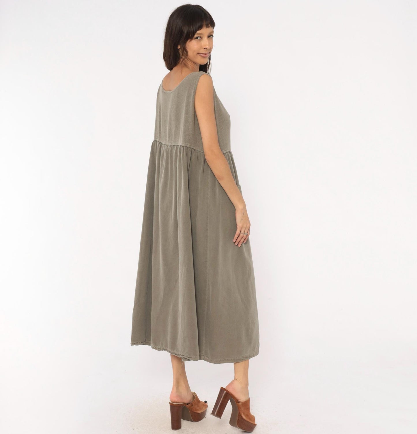 90s Cotton Stuff Classics Maxi Dress Grey Sleeveless Button Front Large L