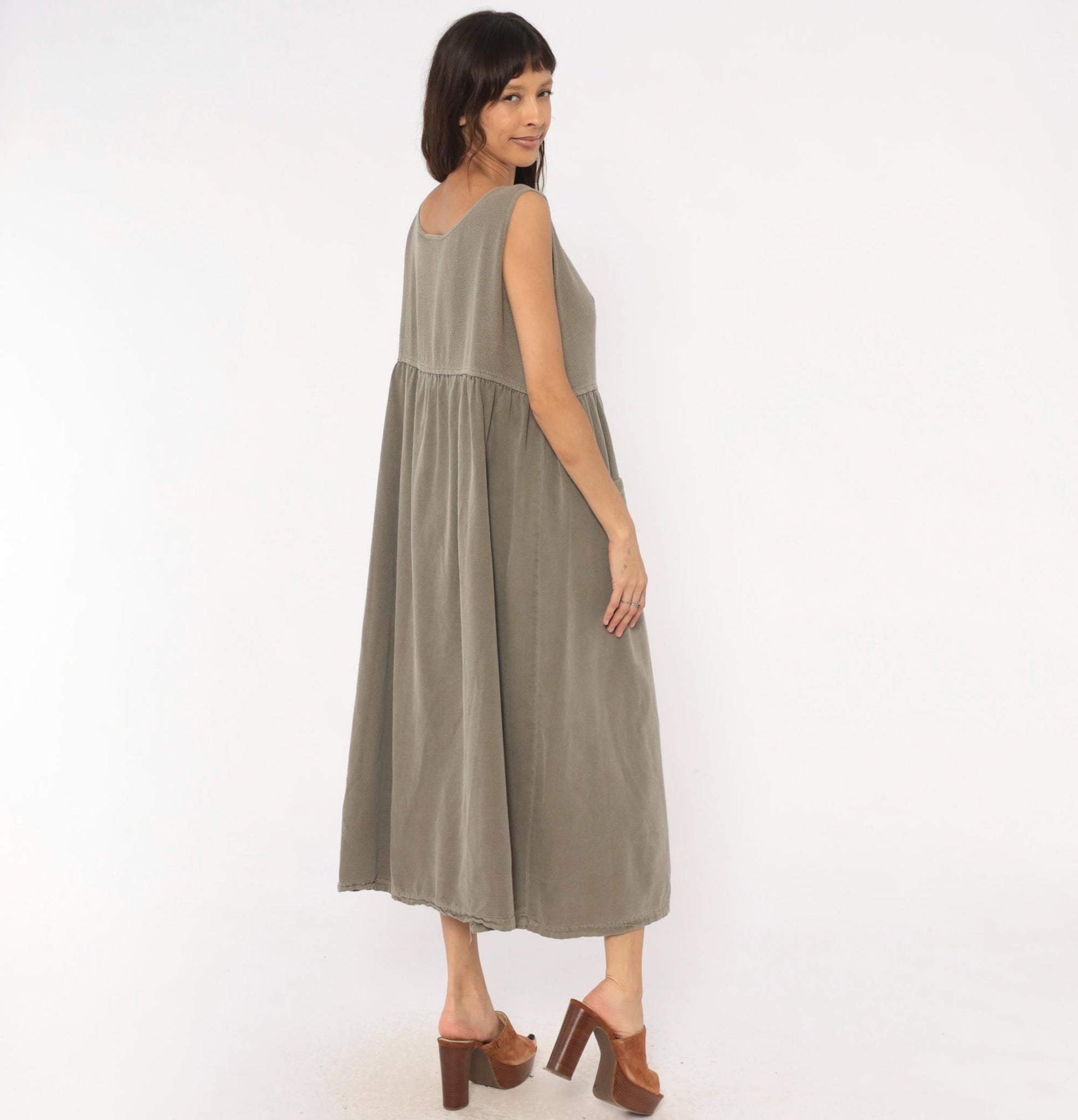 90s Cotton Stuff Classics Maxi Dress Grey Sleeveless Button Front Large L