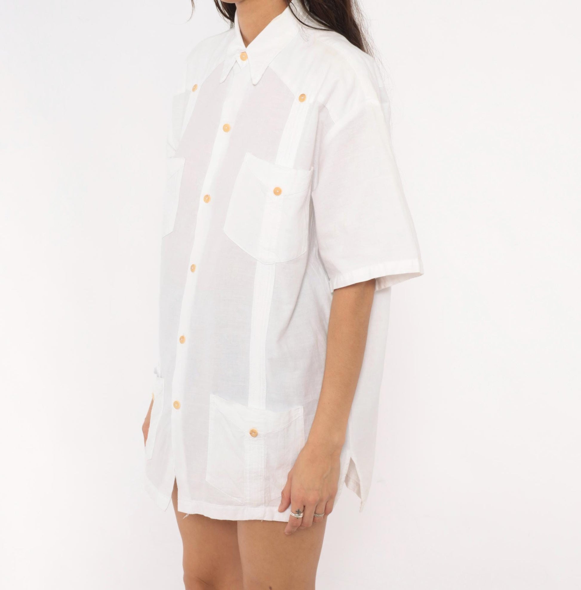 90s White Cotton Button-Up Shirt Four Pocket Short Sleeve Pointed Collar Extra Large XL