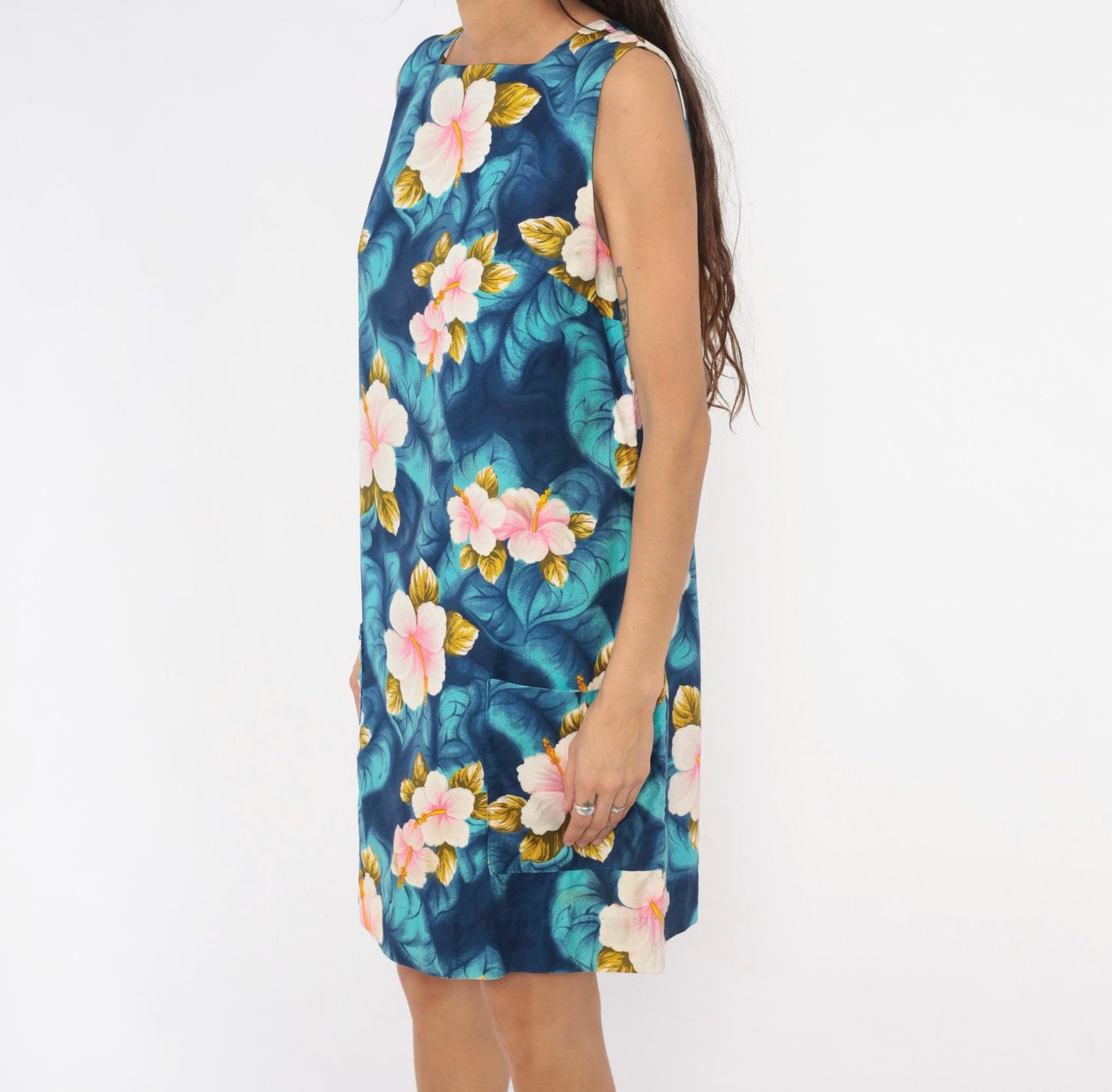 80s Hawaiian Hibiscus Shift Dress Navy Teal Pink Floral Cotton Medium