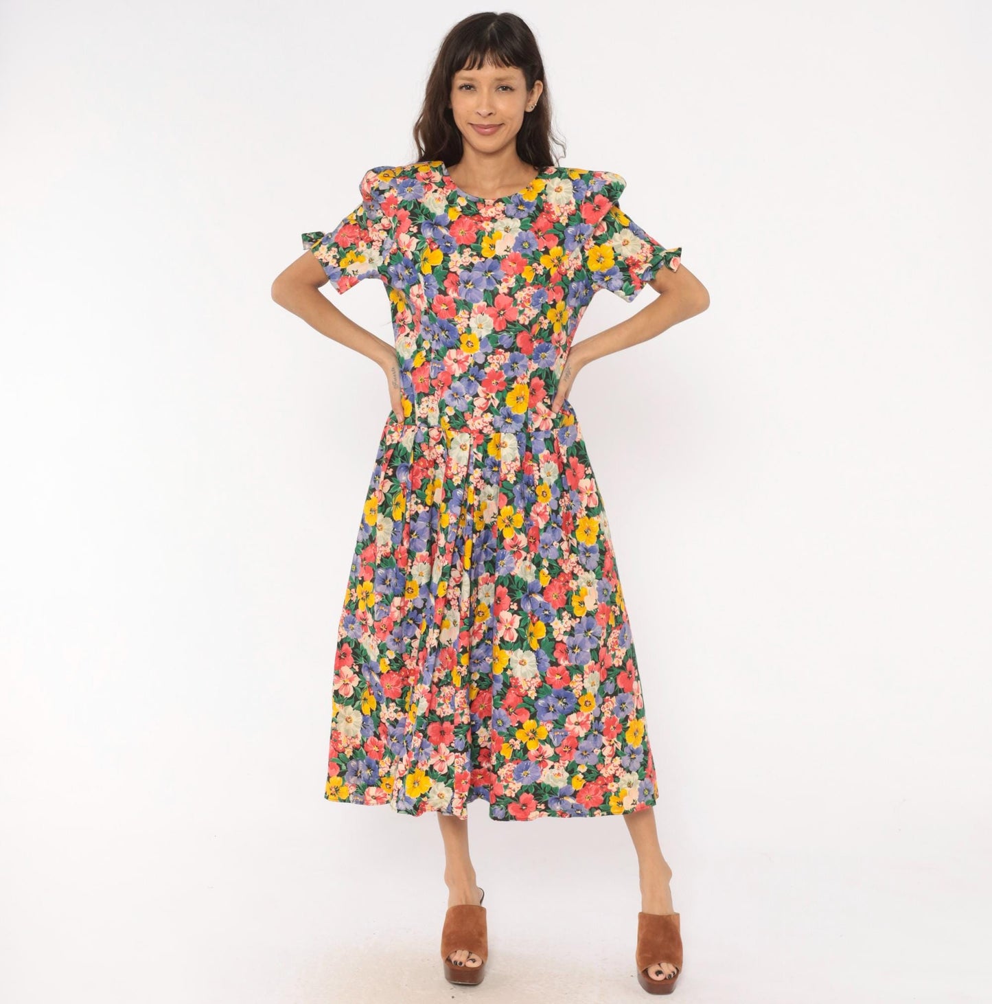 90s Kwai Floral Midi Dress Cutout Back Puff Sleeve Cotton Medium M